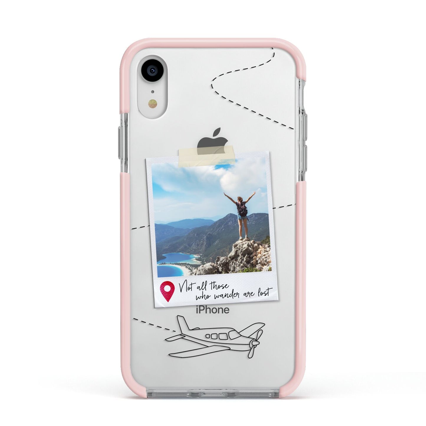 Backpacker Photo Upload Personalised Apple iPhone XR Impact Case Pink Edge on Silver Phone