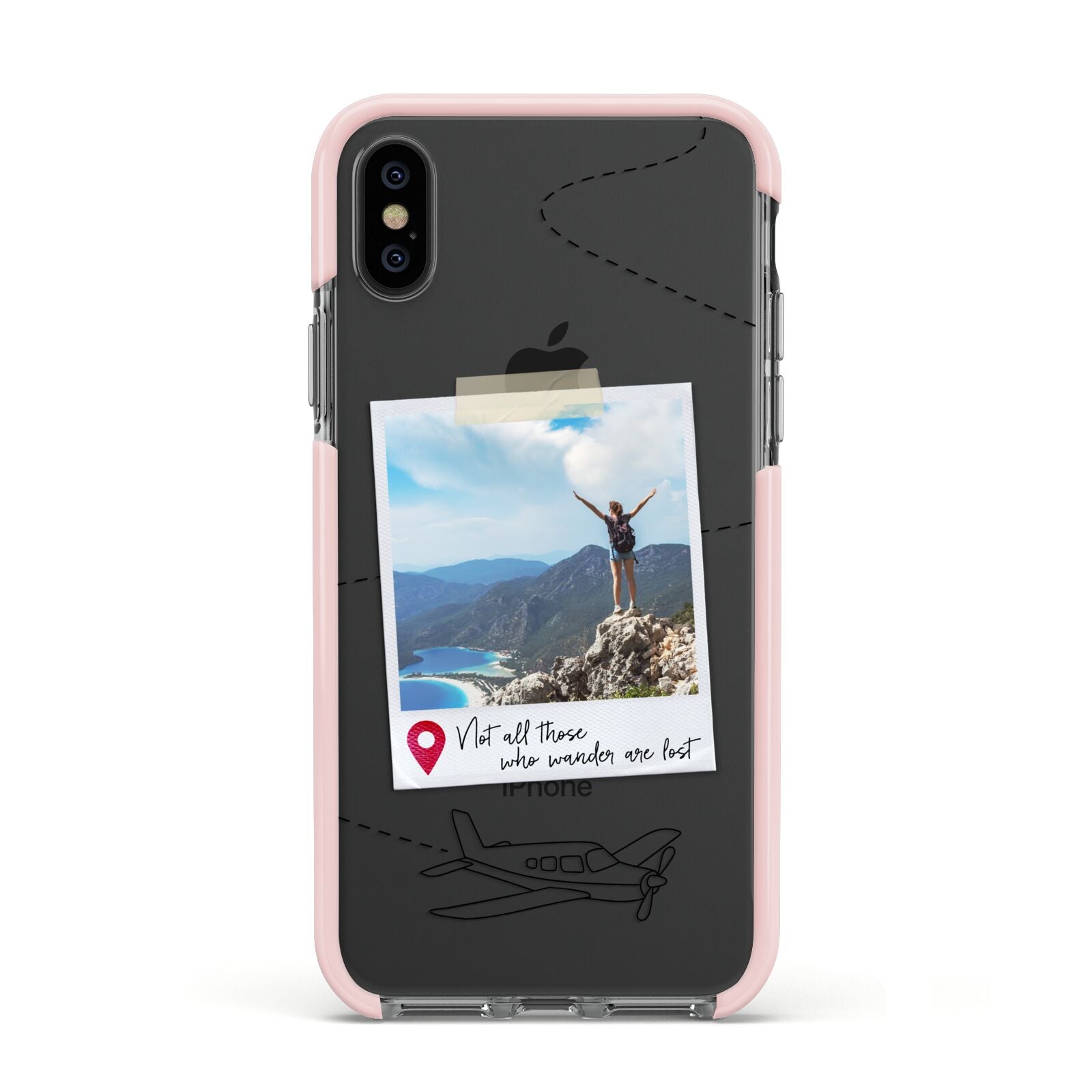 Backpacker Photo Upload Personalised Apple iPhone Xs Impact Case Pink Edge on Black Phone