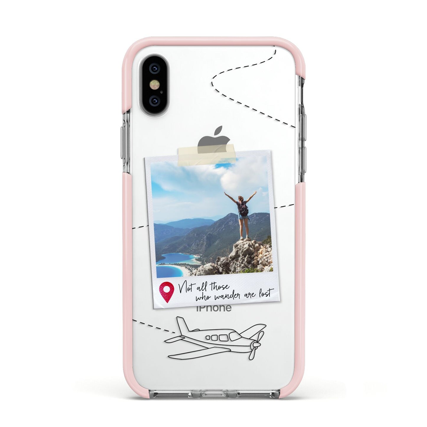 Backpacker Photo Upload Personalised Apple iPhone Xs Impact Case Pink Edge on Silver Phone