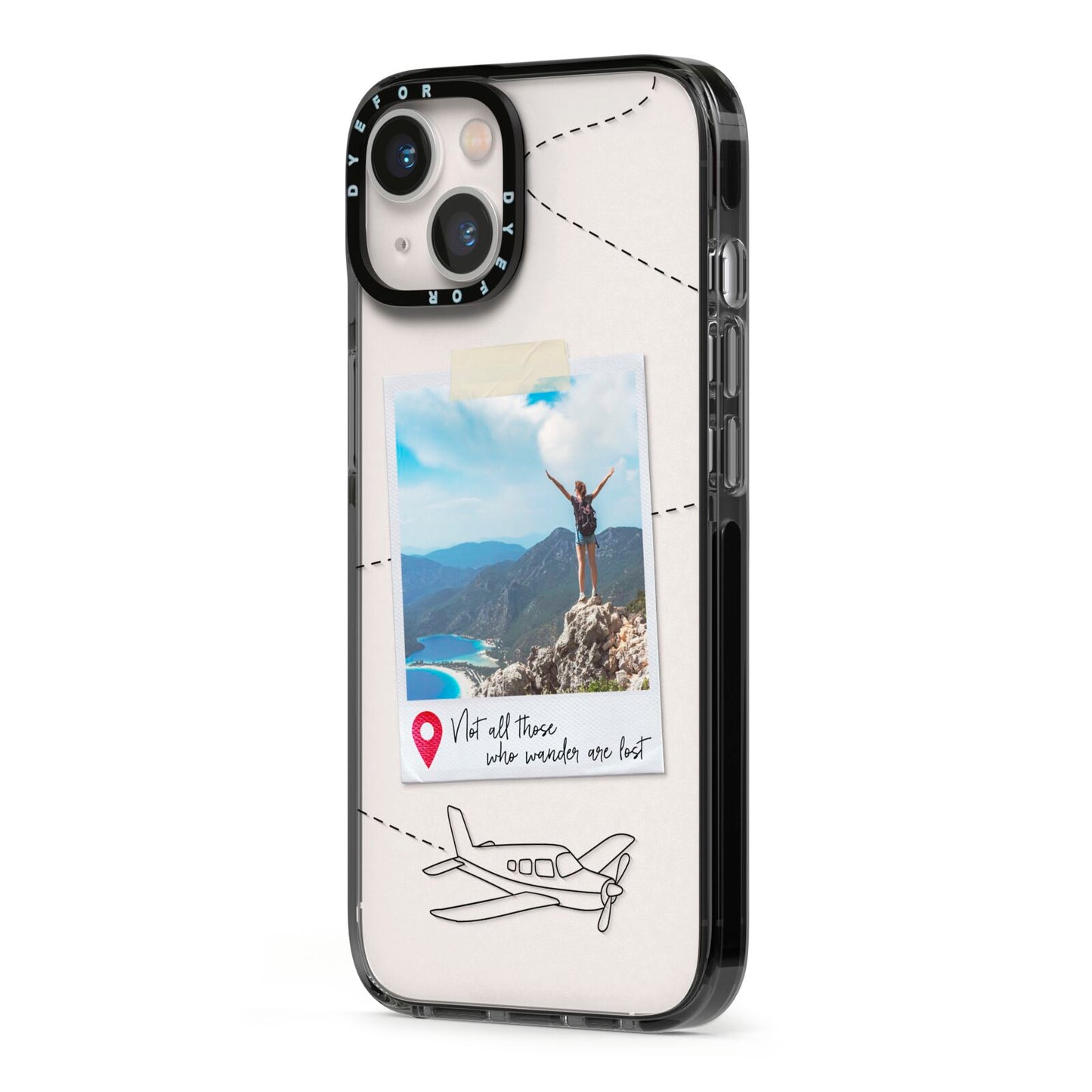 Backpacker Photo Upload Personalised iPhone 13 Black Impact Case Side Angle on Silver phone