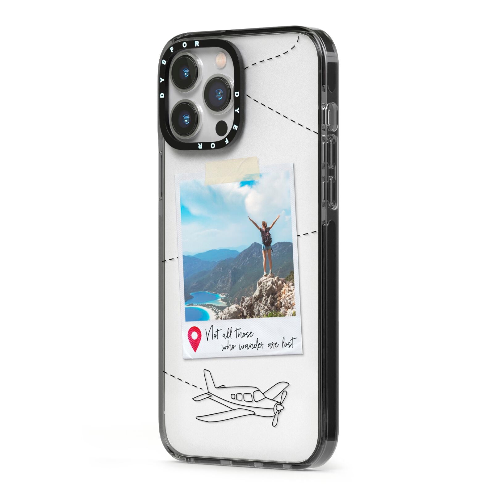 Backpacker Photo Upload Personalised iPhone 13 Pro Max Black Impact Case Side Angle on Silver phone