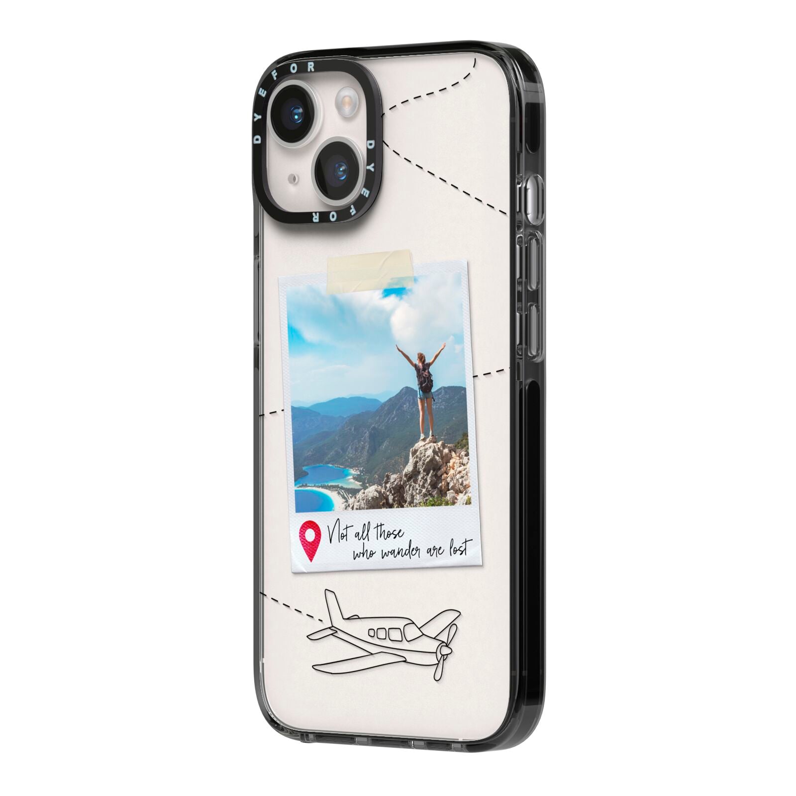 Backpacker Photo Upload Personalised iPhone 14 Black Impact Case Side Angle on Silver phone