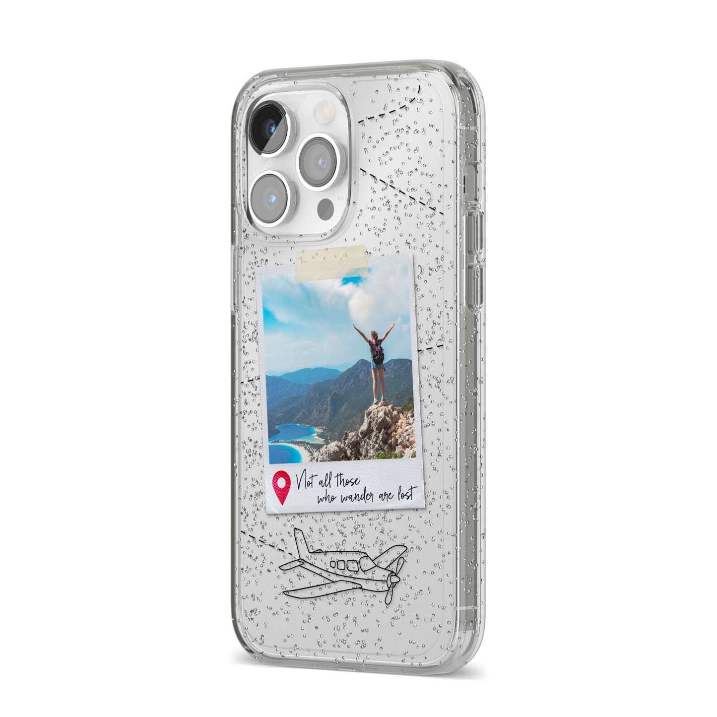 Backpacker Photo Upload Personalised iPhone 14 Pro Max Glitter Tough Case Silver Angled Image