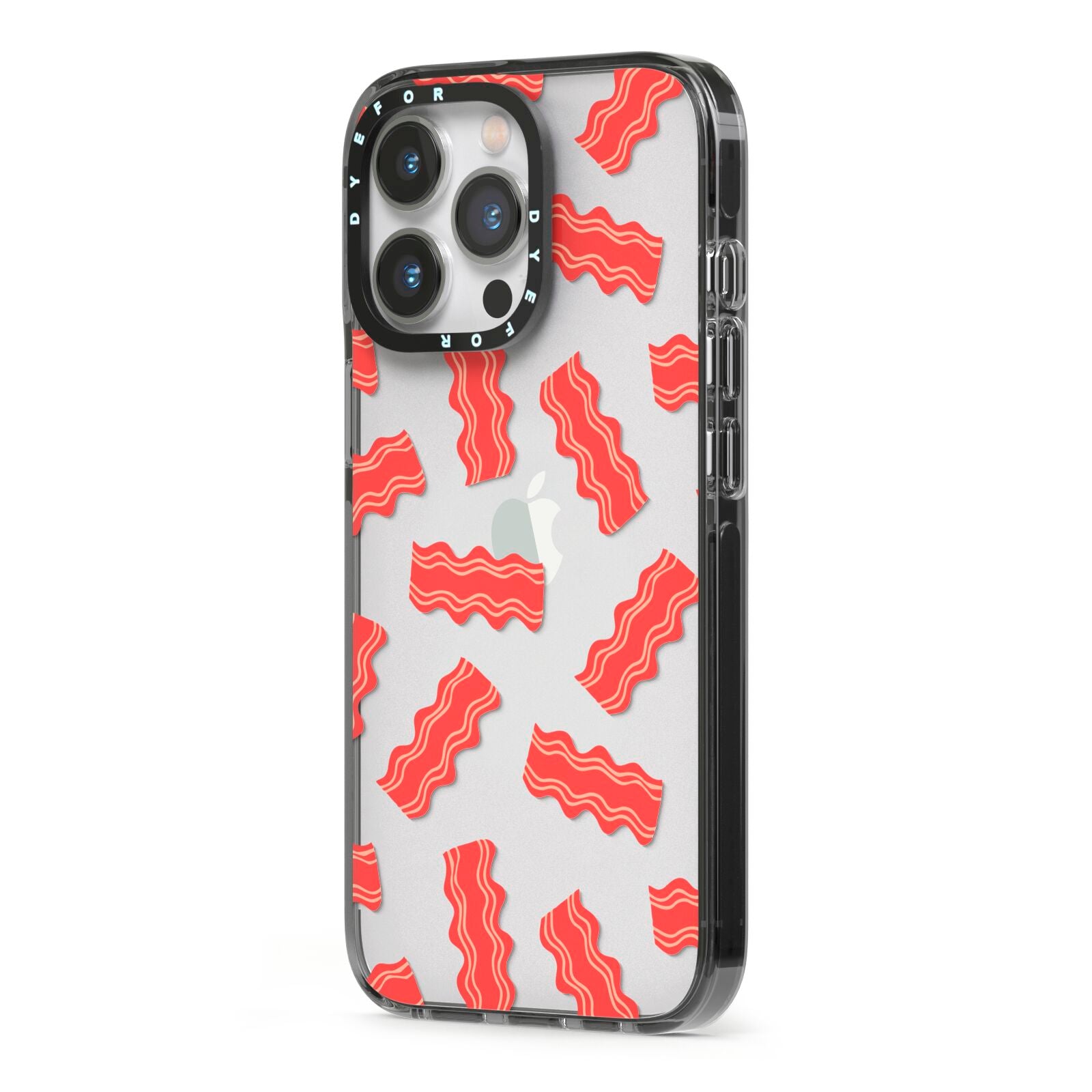 Bacon iPhone 13 Pro Black Impact Case Side Angle on Silver phone