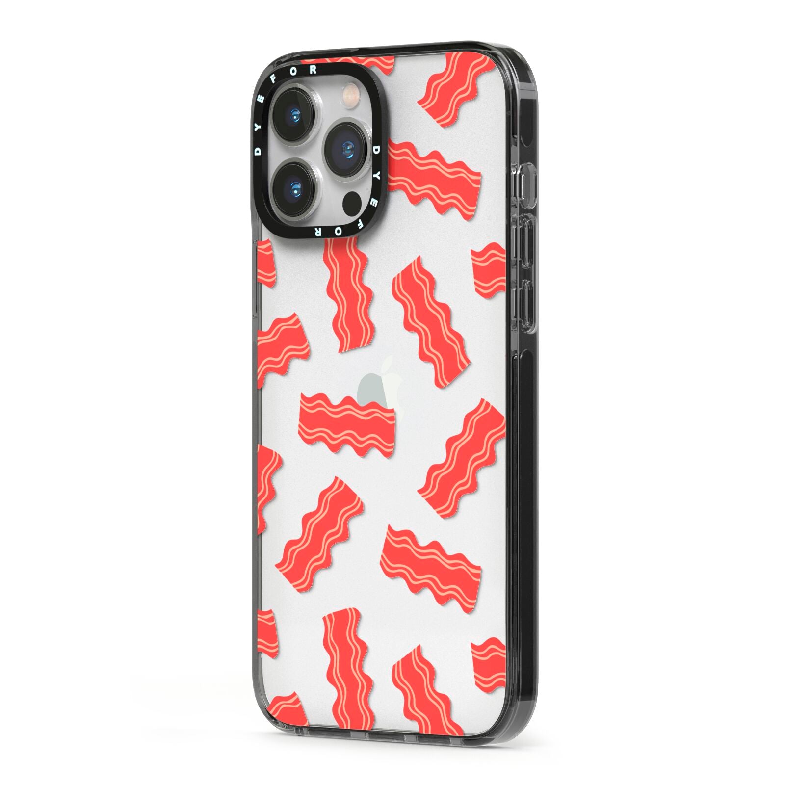 Bacon iPhone 13 Pro Max Black Impact Case Side Angle on Silver phone