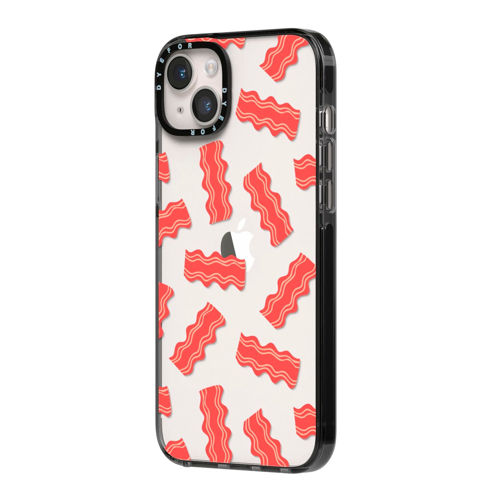 Bacon iPhone 14 Plus Black Impact Case Side Angle on Silver phone