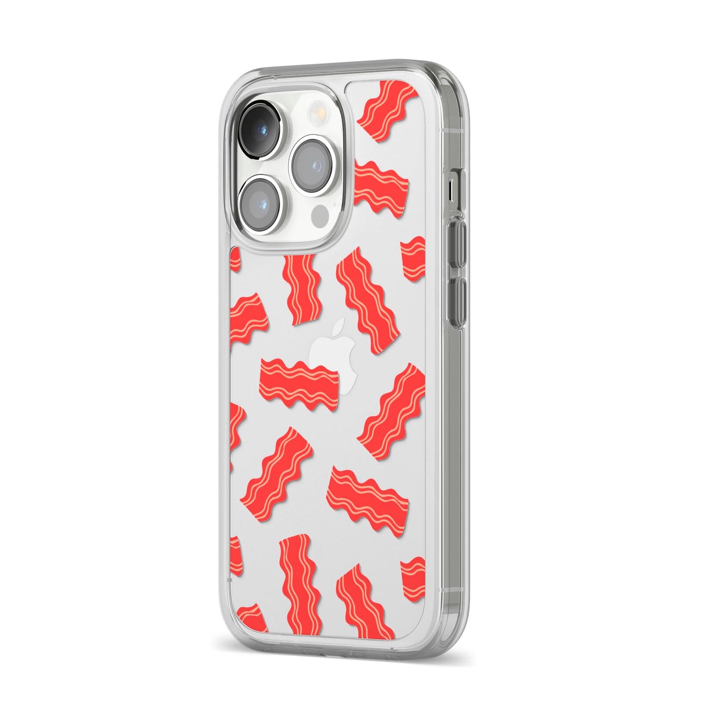 Bacon iPhone 14 Pro Clear Tough Case Silver Angled Image