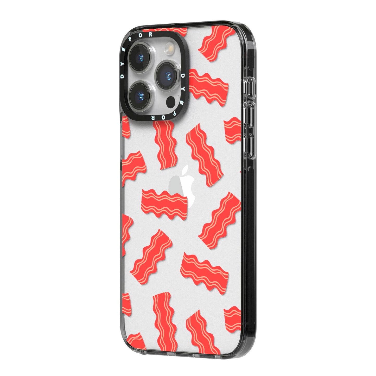 Bacon iPhone 14 Pro Max Black Impact Case Side Angle on Silver phone