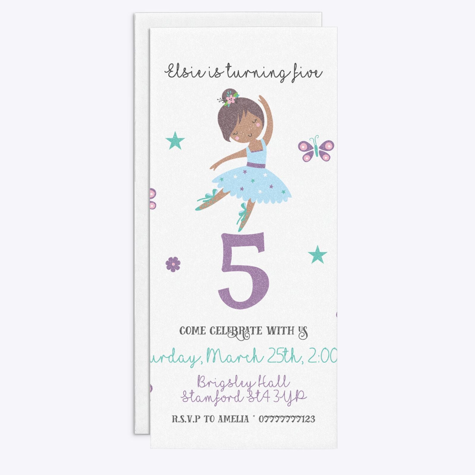 Ballerina Birthday Personalised 4x9 Rectangle Invitation Glitter Front and Back Image