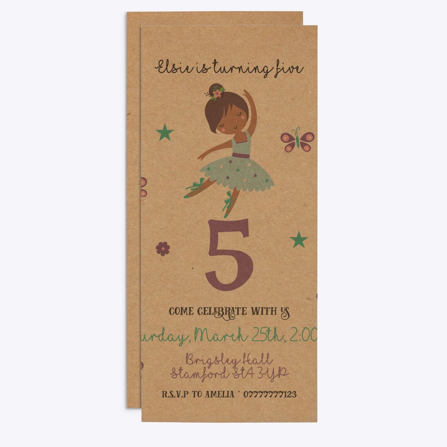 Ballerina Birthday Personalised 4x9 Rectangle Invitation Kraft Front and Back Image