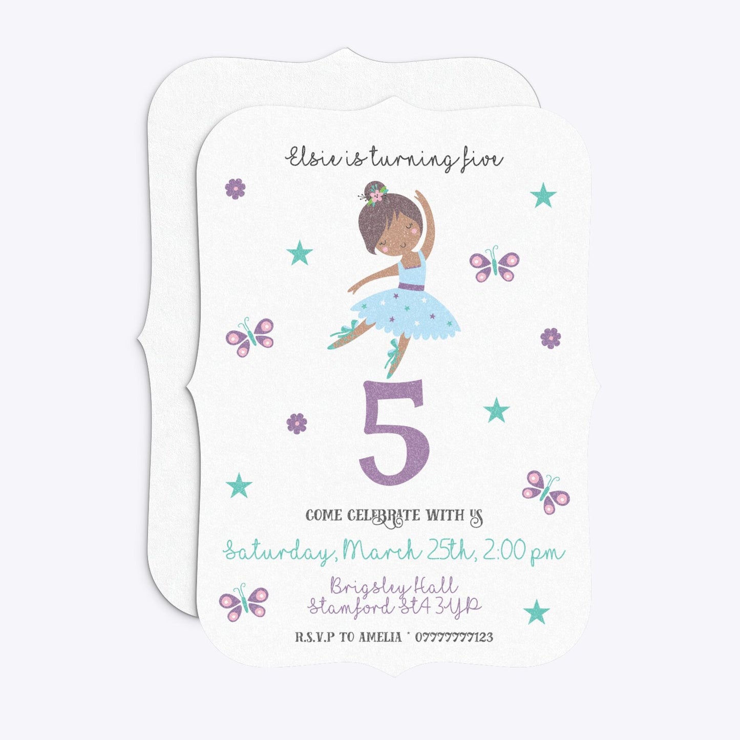 Ballerina Birthday Personalised Bracket Invitation Glitter Front and Back Image