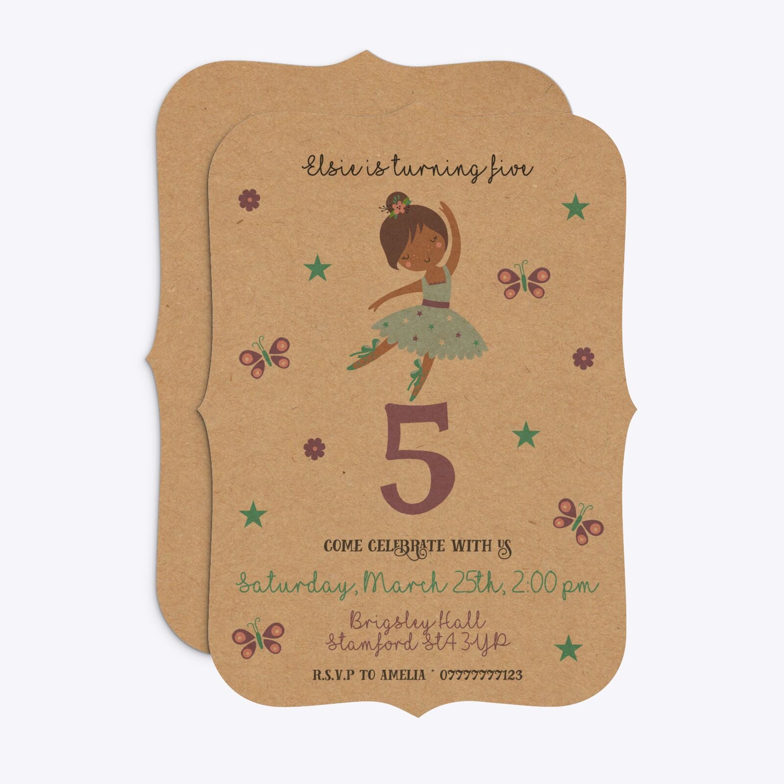 Ballerina Birthday Personalised Bracket Invitation Kraft Front and Back Image