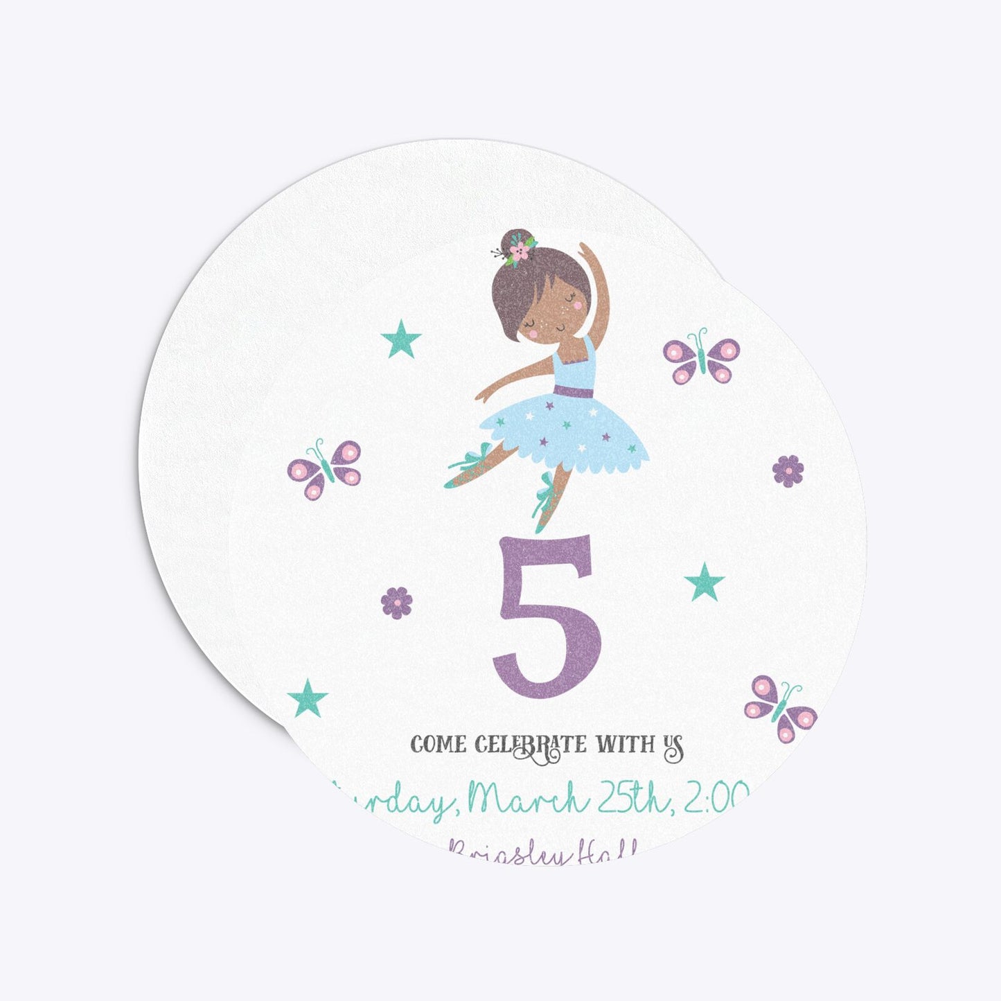 Ballerina Birthday Personalised Circle 5 25x5 25 Invitation Glitter Front and Back Image