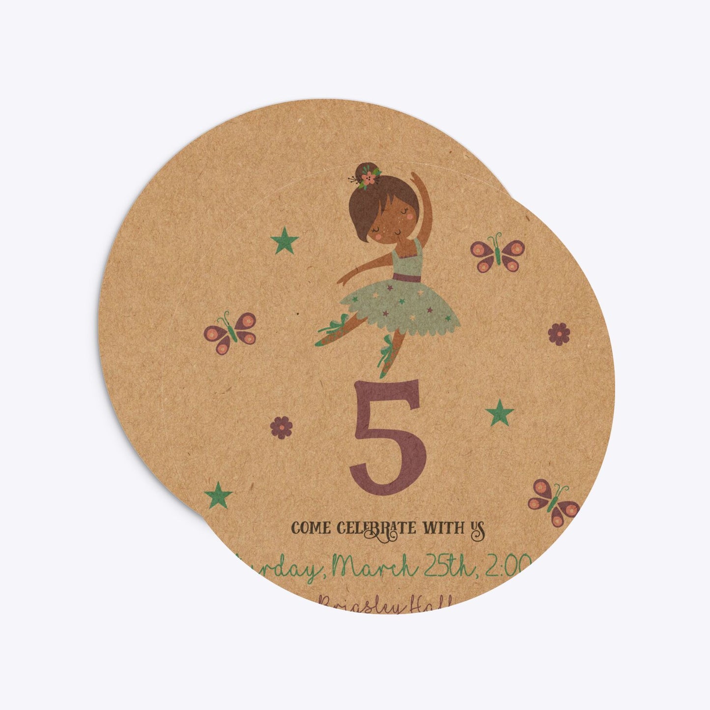 Ballerina Birthday Personalised Circle 5 25x5 25 Invitation Kraft Front and Back Image