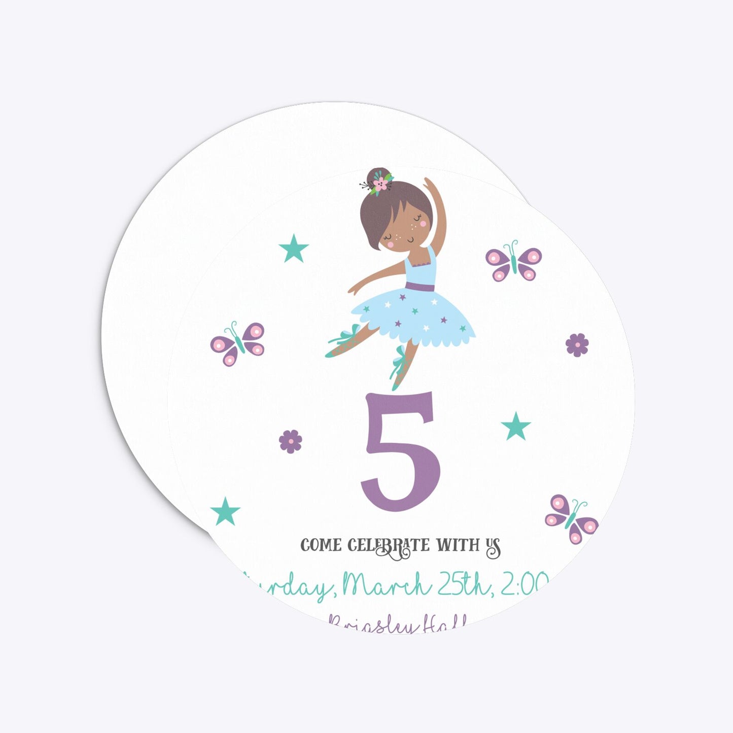 Ballerina Birthday Personalised Circle 5 25x5 25 Invitation Matte Paper Front and Back Image