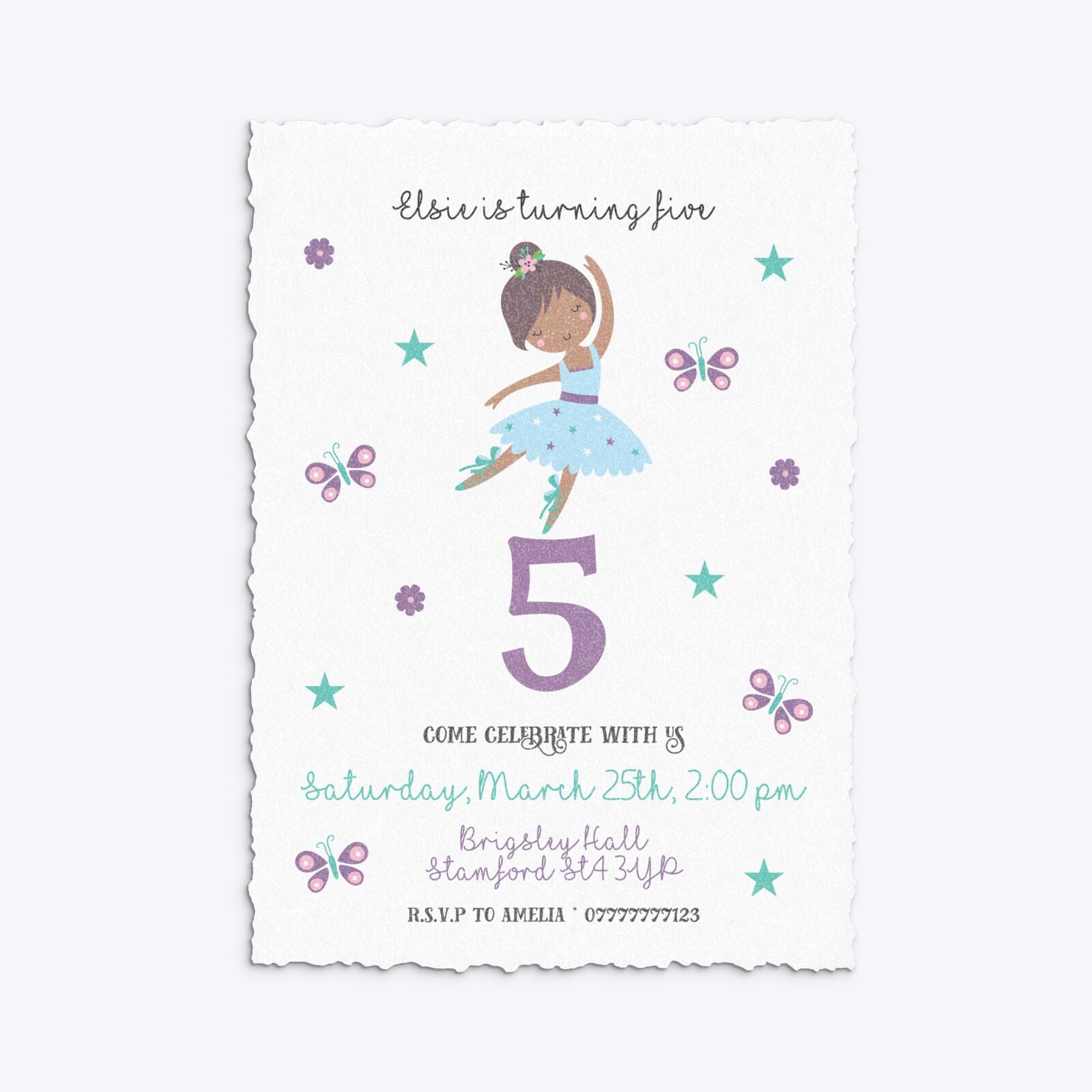 Ballerina Birthday Personalised Deckle Invitation Glitter