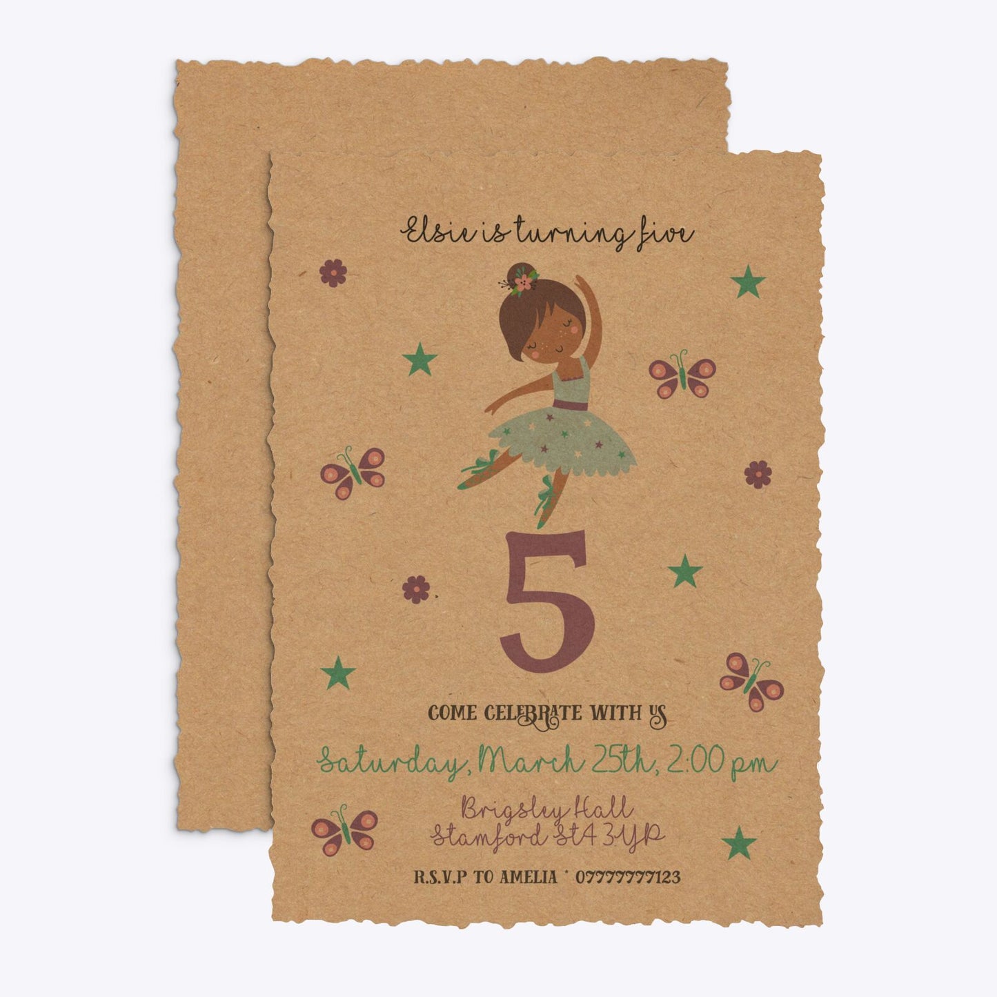 Ballerina Birthday Personalised Deckle Invitation Kraft Front and Back Image