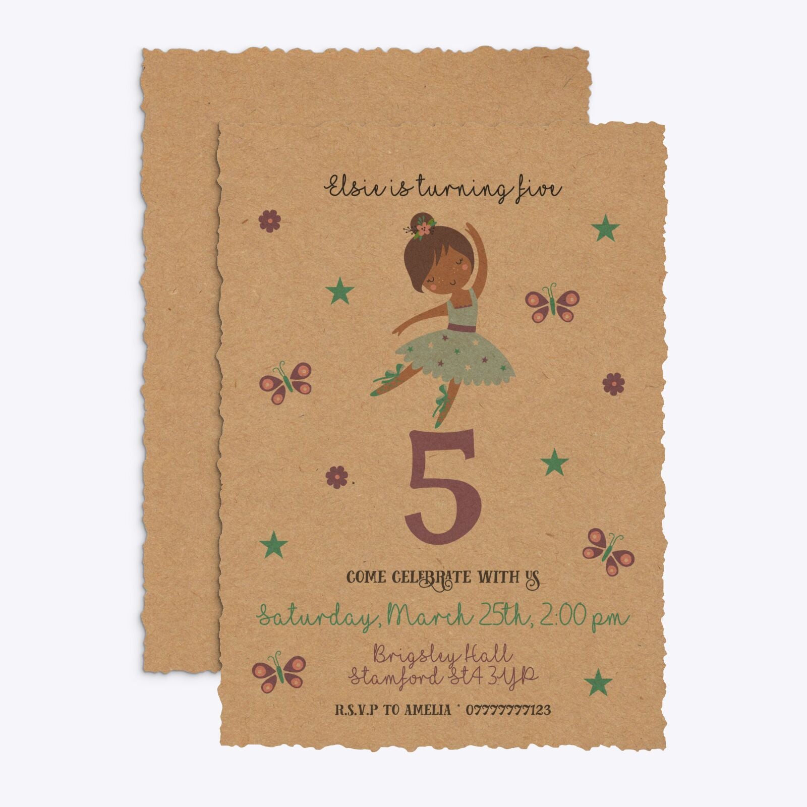 Ballerina Birthday Personalised Deckle Invitation Kraft Front and Back Image
