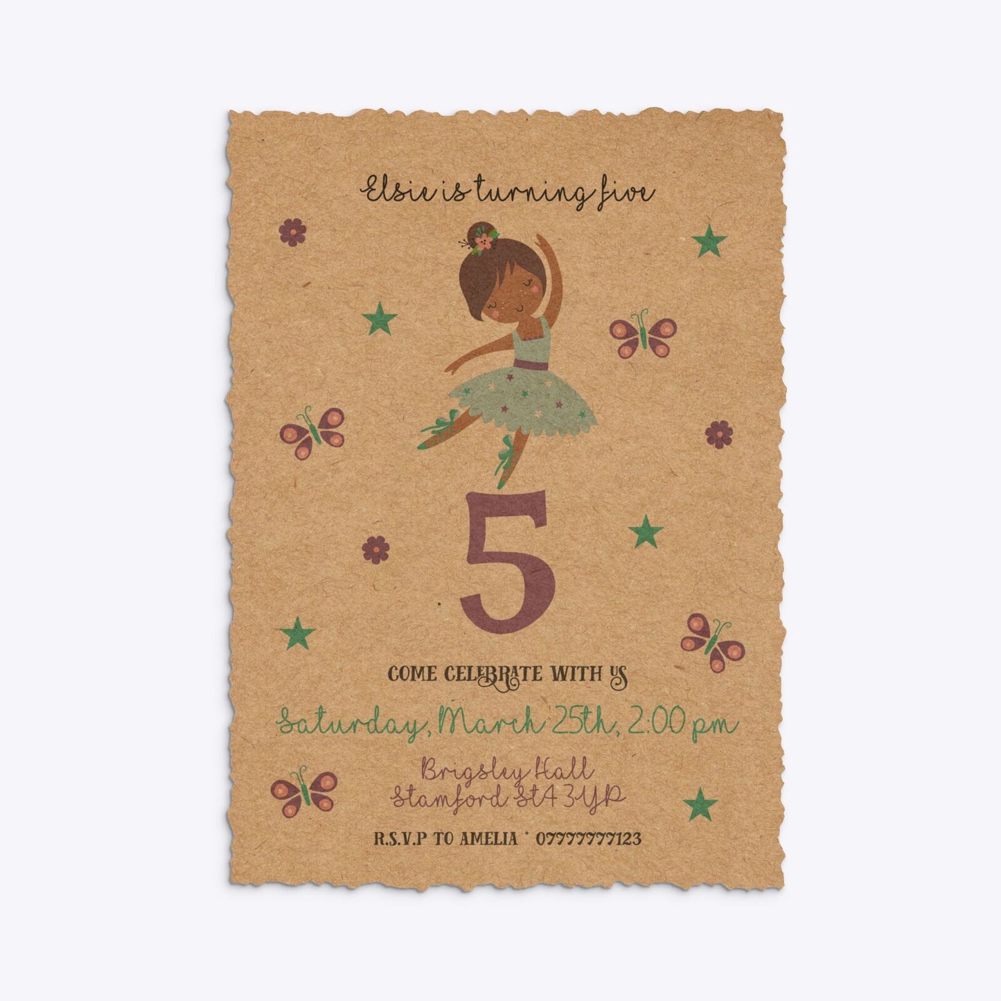 Ballerina Birthday Personalised Deckle Invitation Kraft