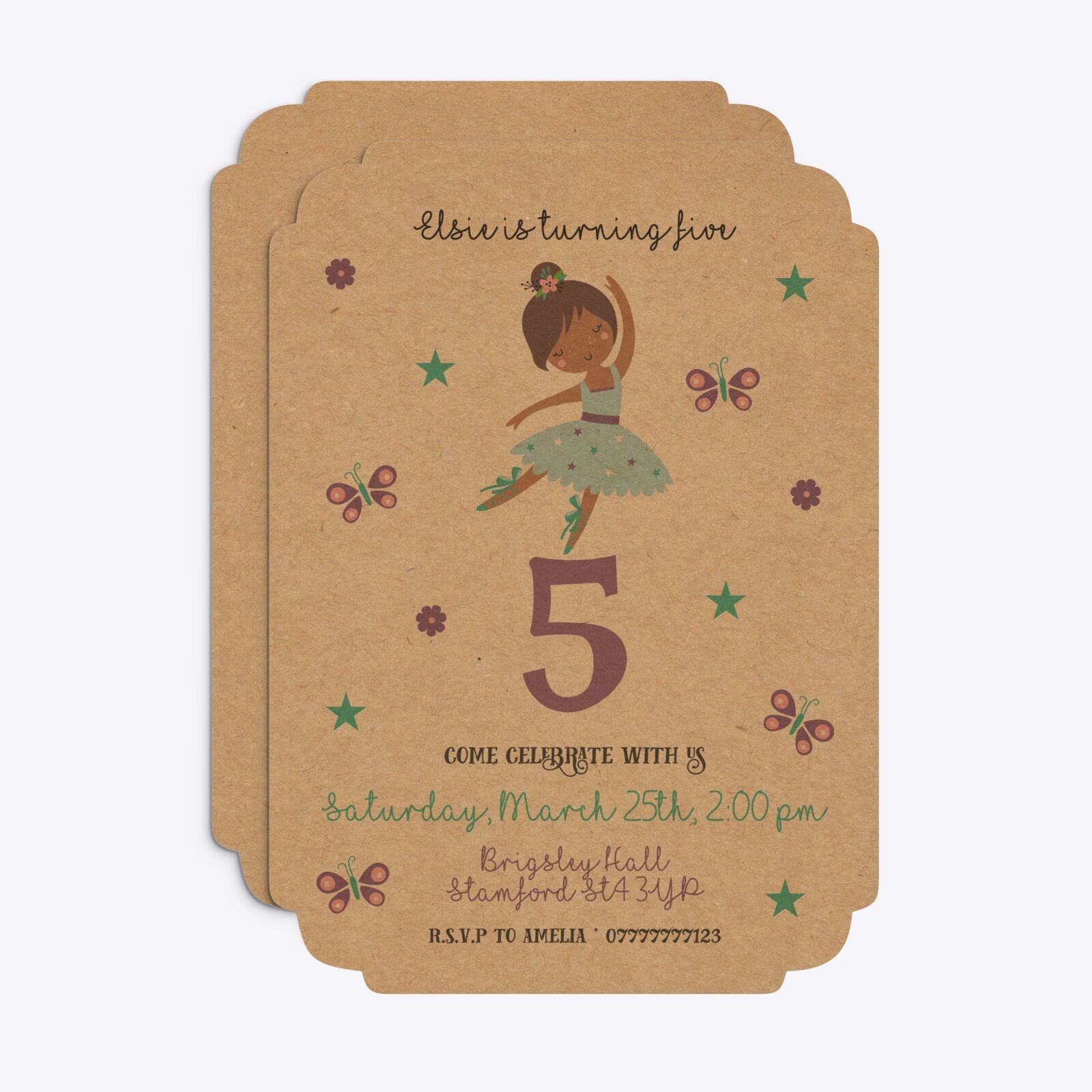 Ballerina Birthday Personalised Deco Invitation Kraft Front and Back Image