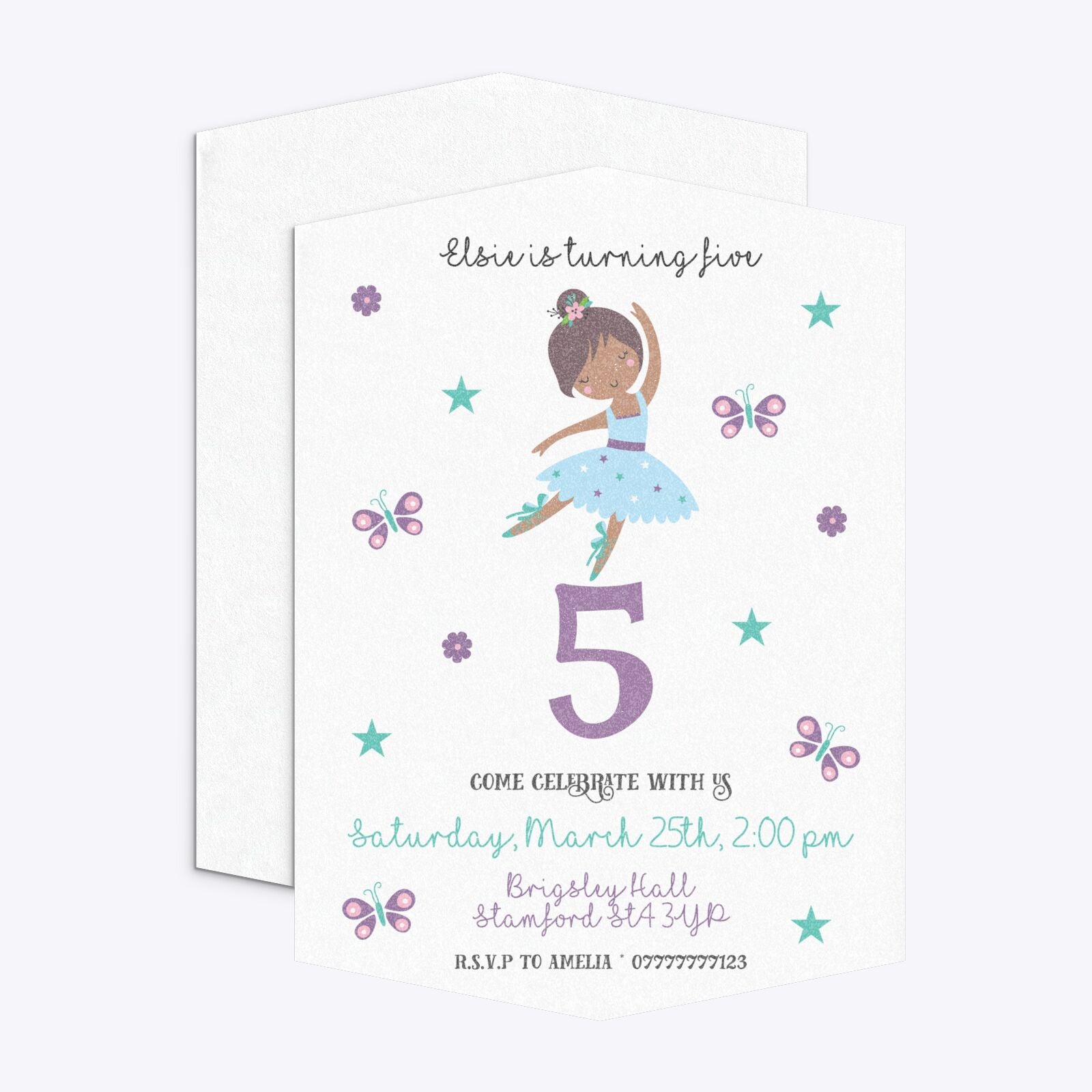 Ballerina Birthday Personalised Geo Invitation Glitter Front and Back Image