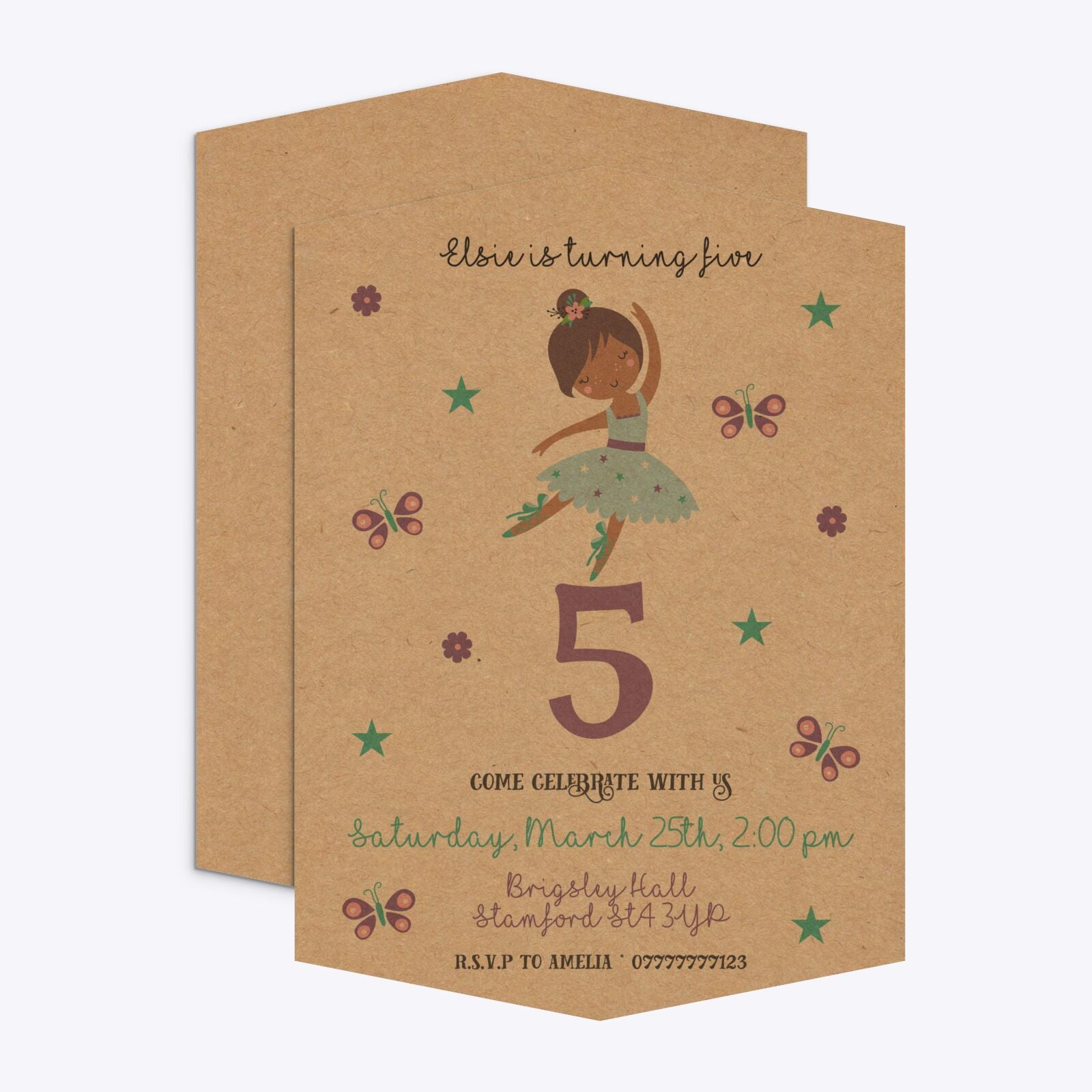 Ballerina Birthday Personalised Geo Invitation Kraft Front and Back Image