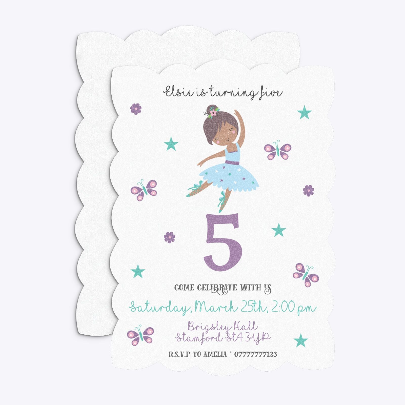 Ballerina Birthday Personalised Petal Invitation Glitter Front and Back Image