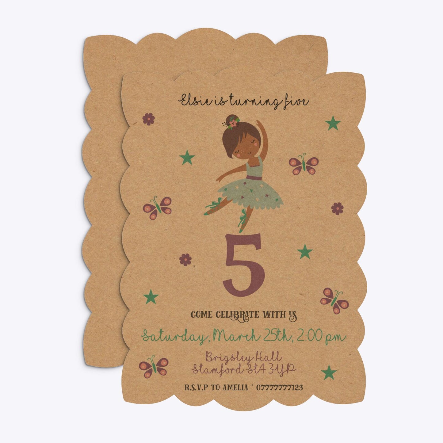 Ballerina Birthday Personalised Petal Invitation Kraft Front and Back Image