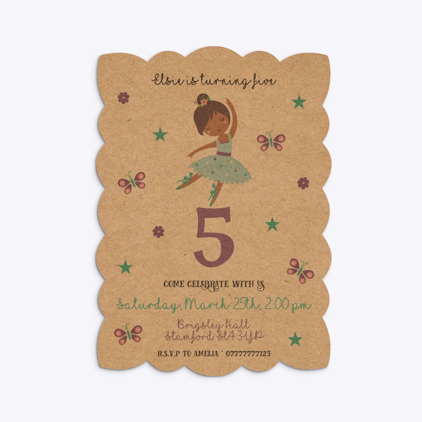 Ballerina Birthday Personalised Petal Invitation Kraft