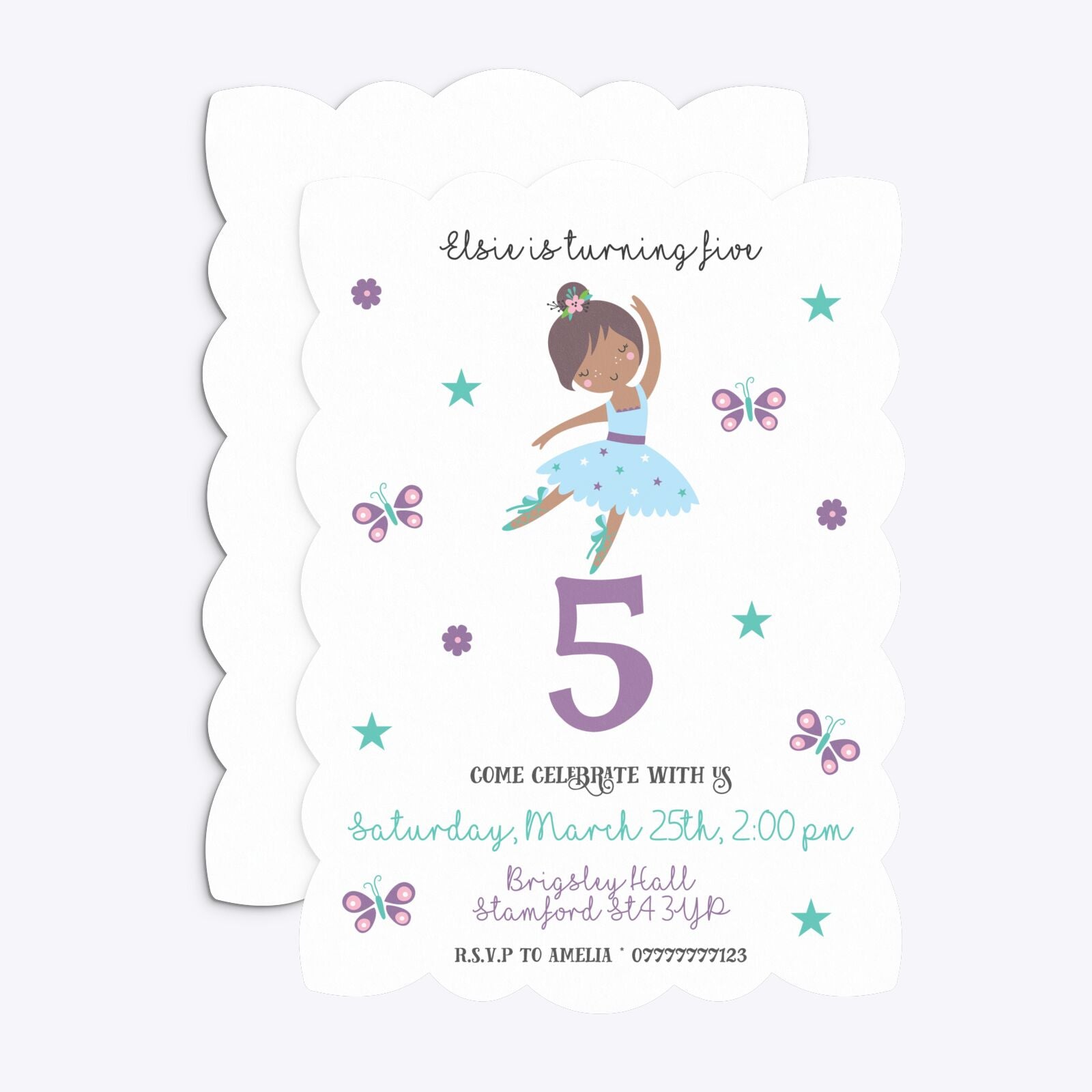 Ballerina Birthday Personalised Petal Invitation Matte Paper Front and Back Image