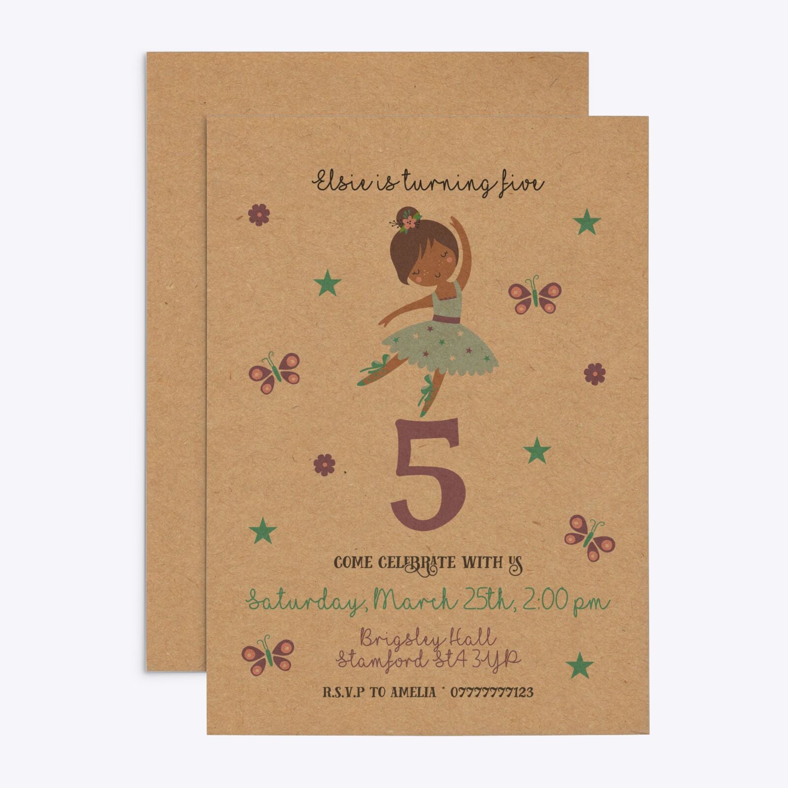 Ballerina Birthday Personalised Rectangle Invitation Kraft Front and Back Image