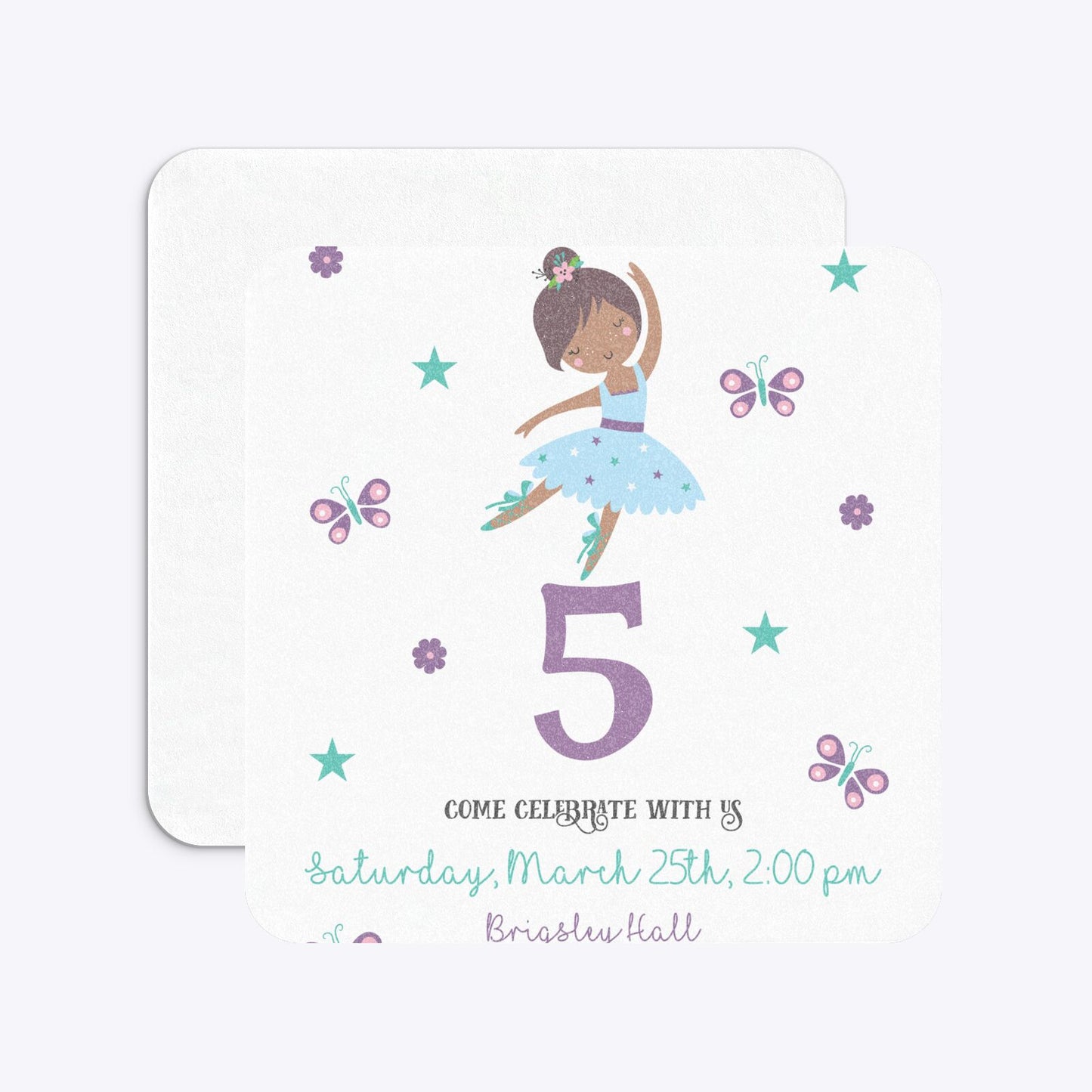Ballerina Birthday Personalised Rounded 5 25x5 25 Invitation Glitter Front and Back Image