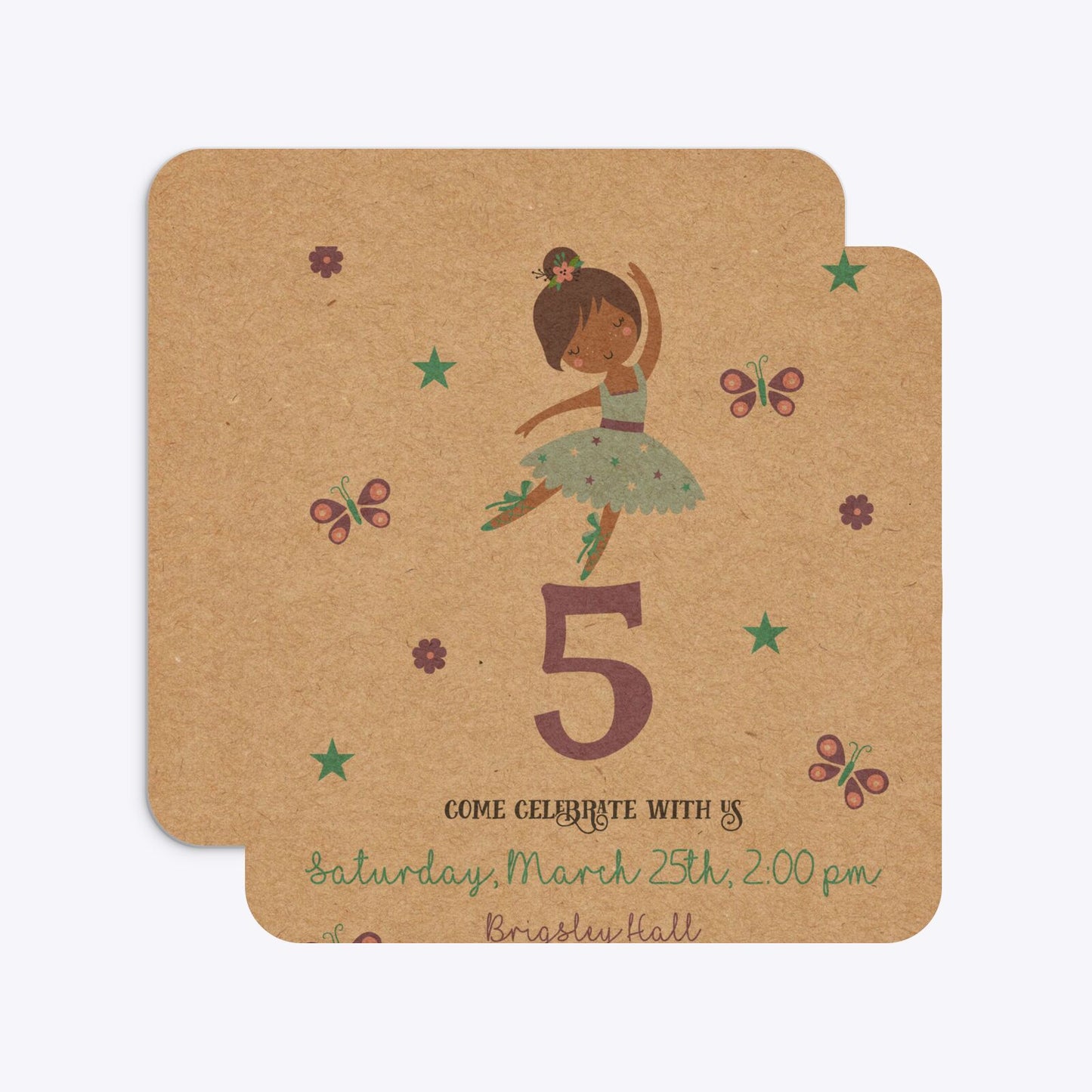 Ballerina Birthday Personalised Rounded 5 25x5 25 Invitation Kraft Front and Back Image