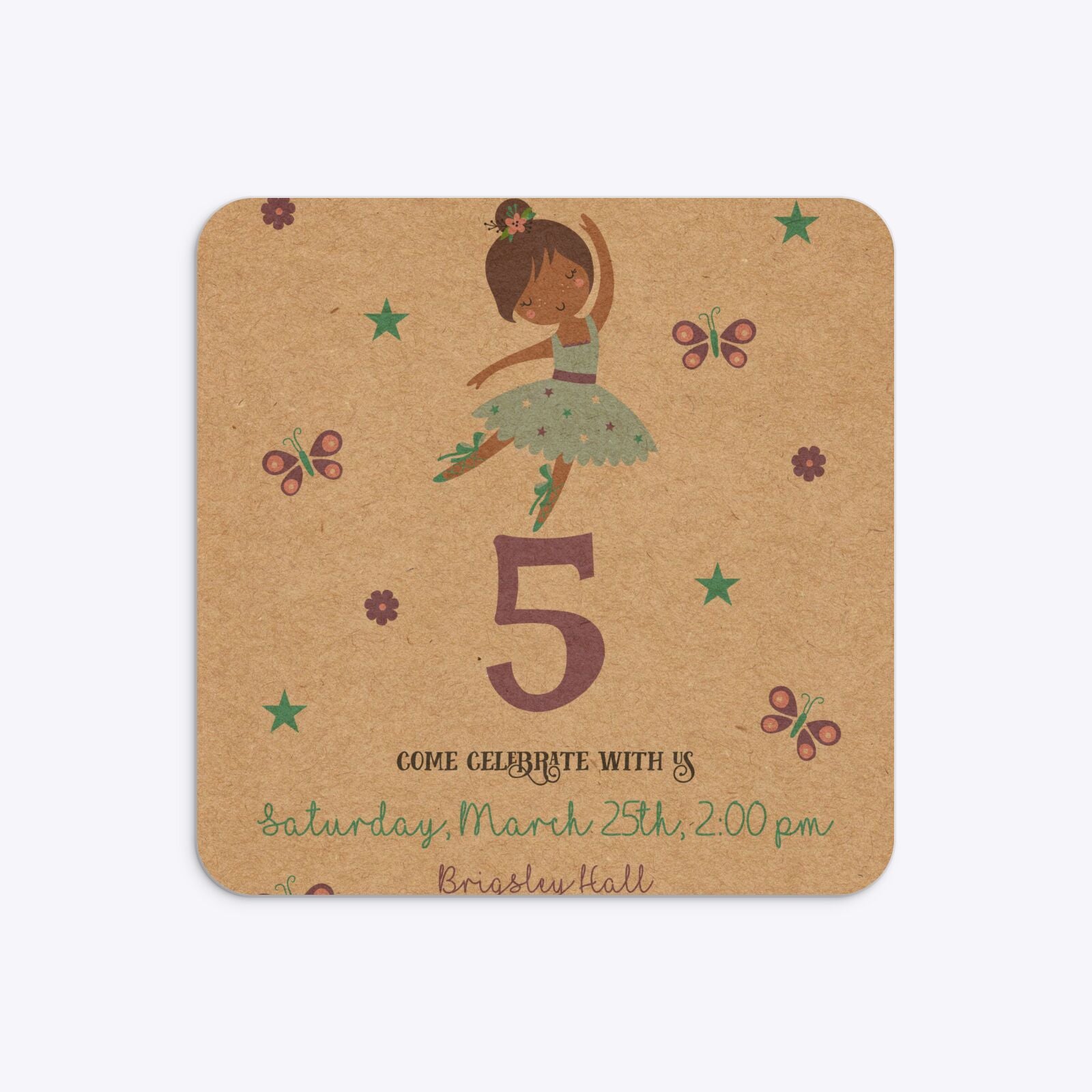 Ballerina Birthday Personalised Rounded 5 25x5 25 Invitation Kraft