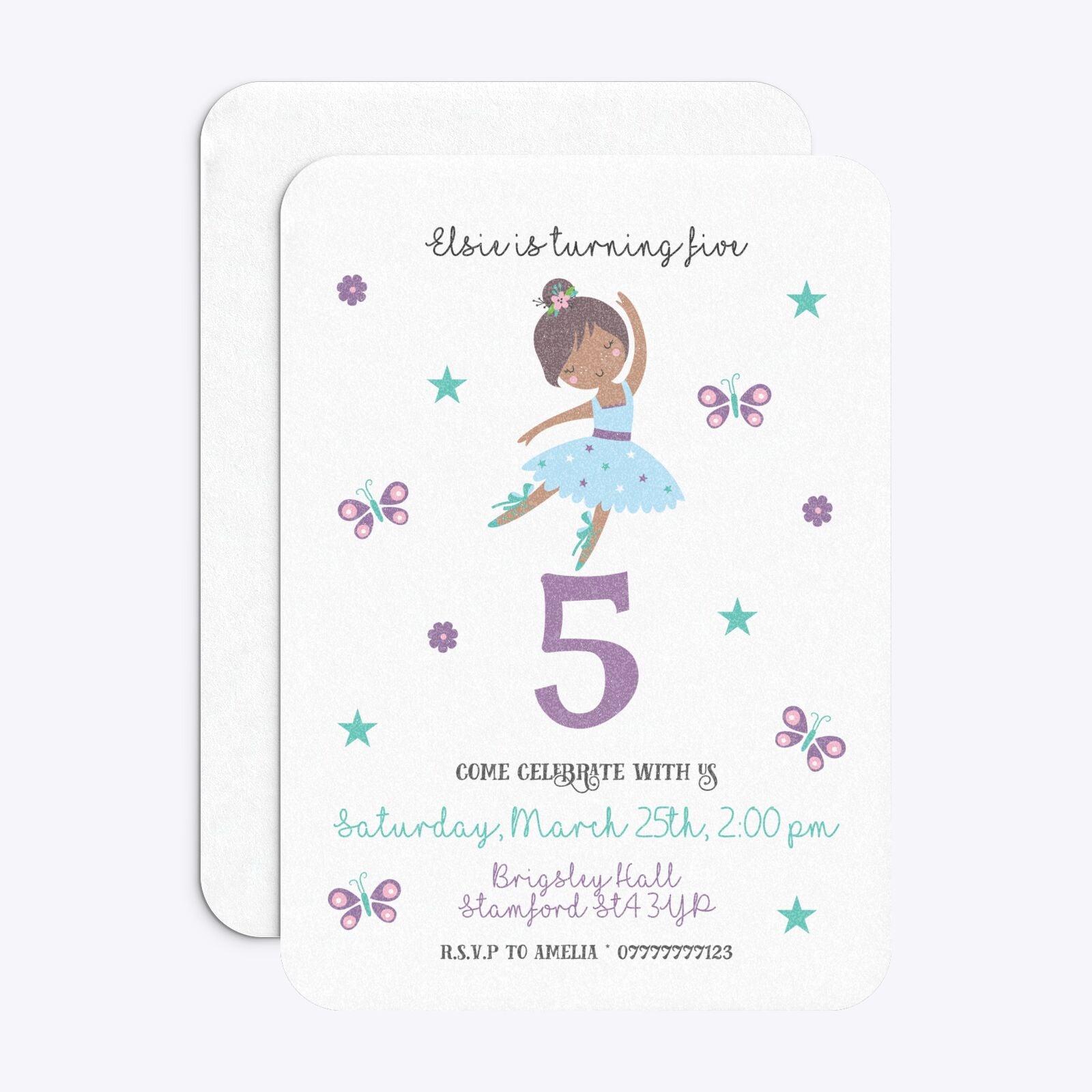 Ballerina Birthday Personalised Rounded Invitation Glitter Front and Back Image