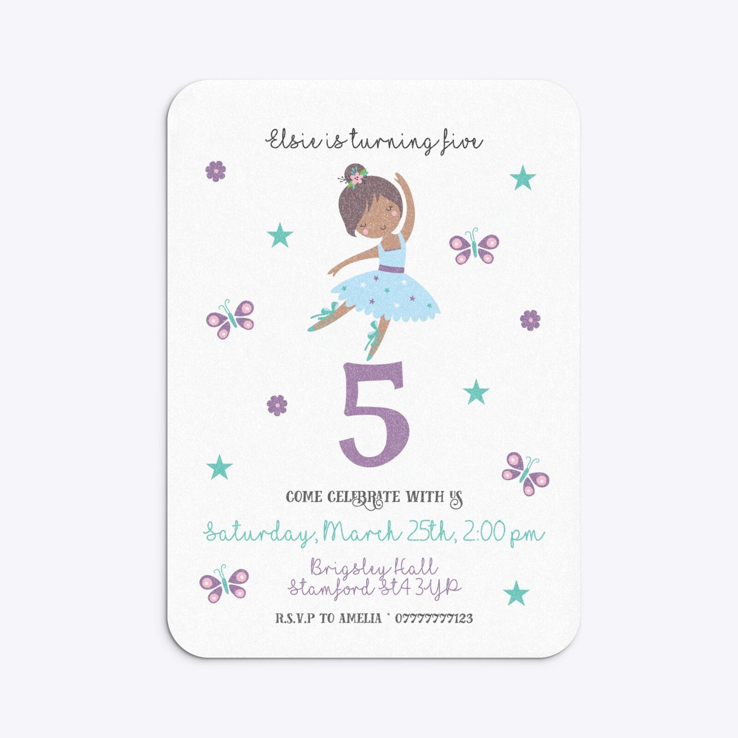 Ballerina Birthday Personalised Rounded Invitation Glitter