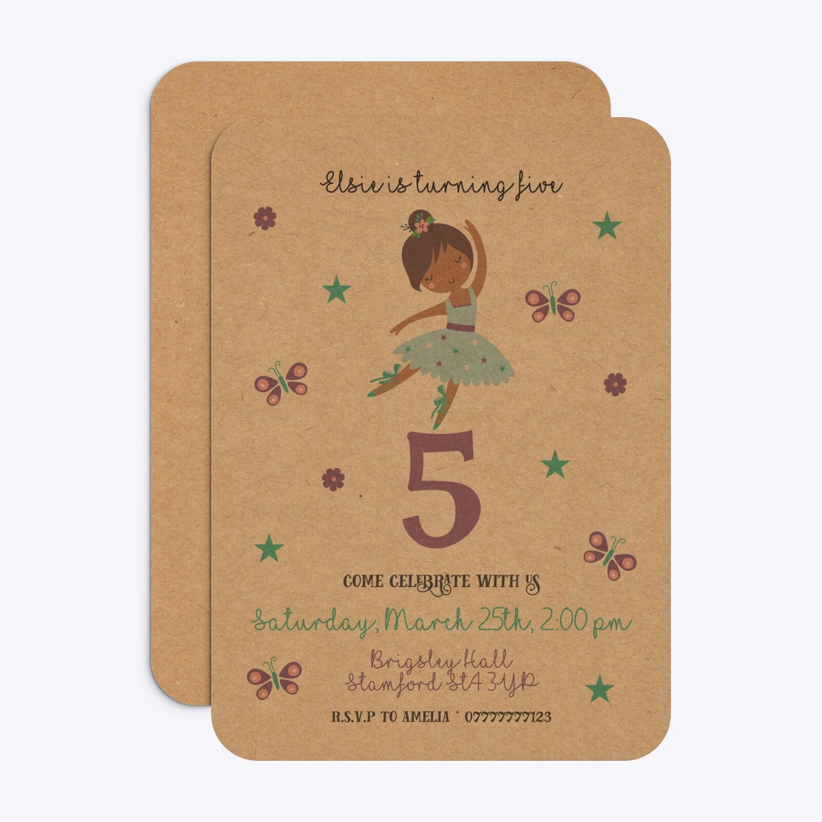 Ballerina Birthday Personalised Rounded Invitation Kraft Front and Back Image