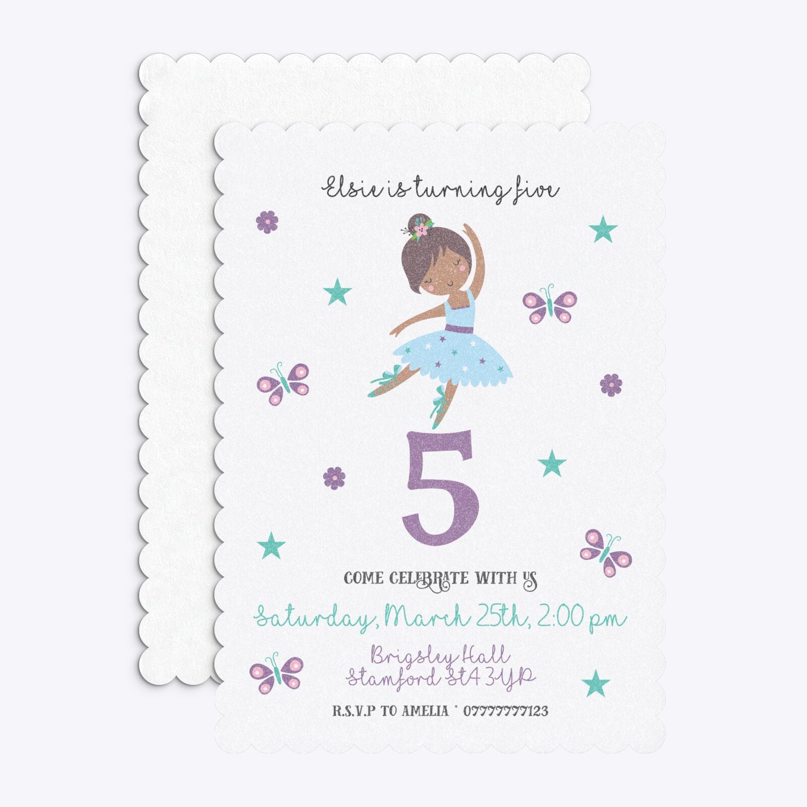 Ballerina Birthday Personalised Scalloped Invitation Glitter Front and Back Image