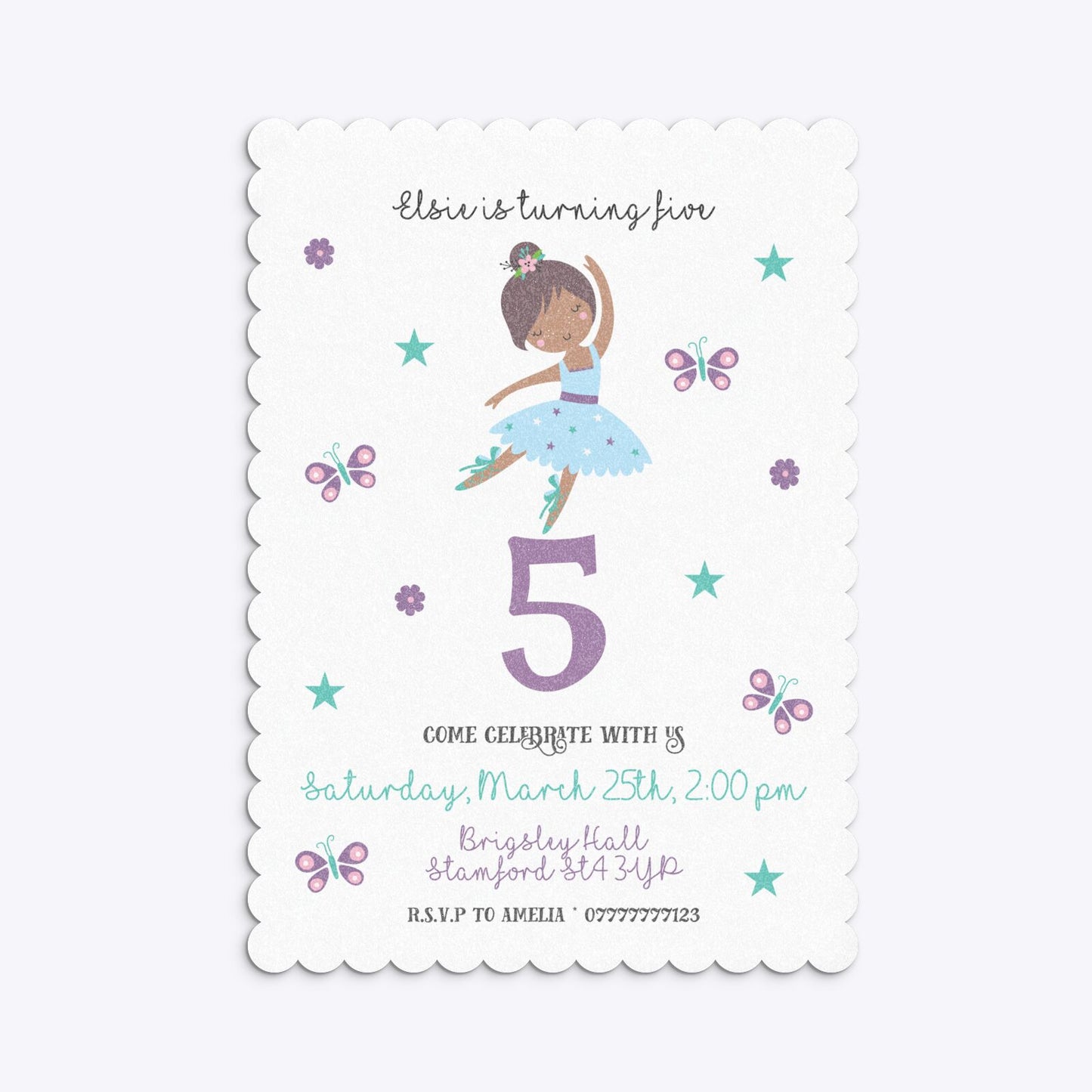 Ballerina Birthday Personalised Scalloped Invitation Glitter