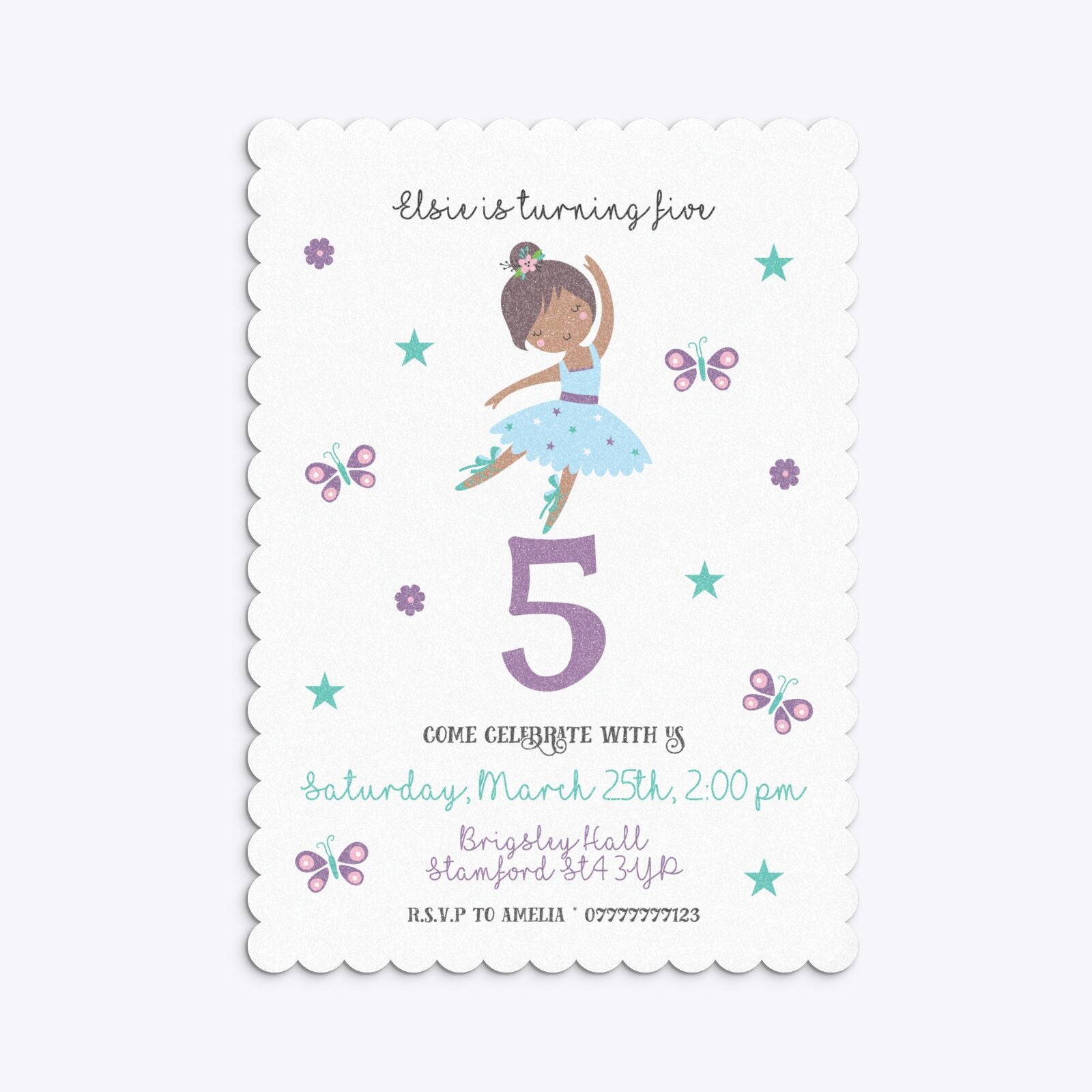 Ballerina Birthday Personalised Scalloped Invitation Glitter