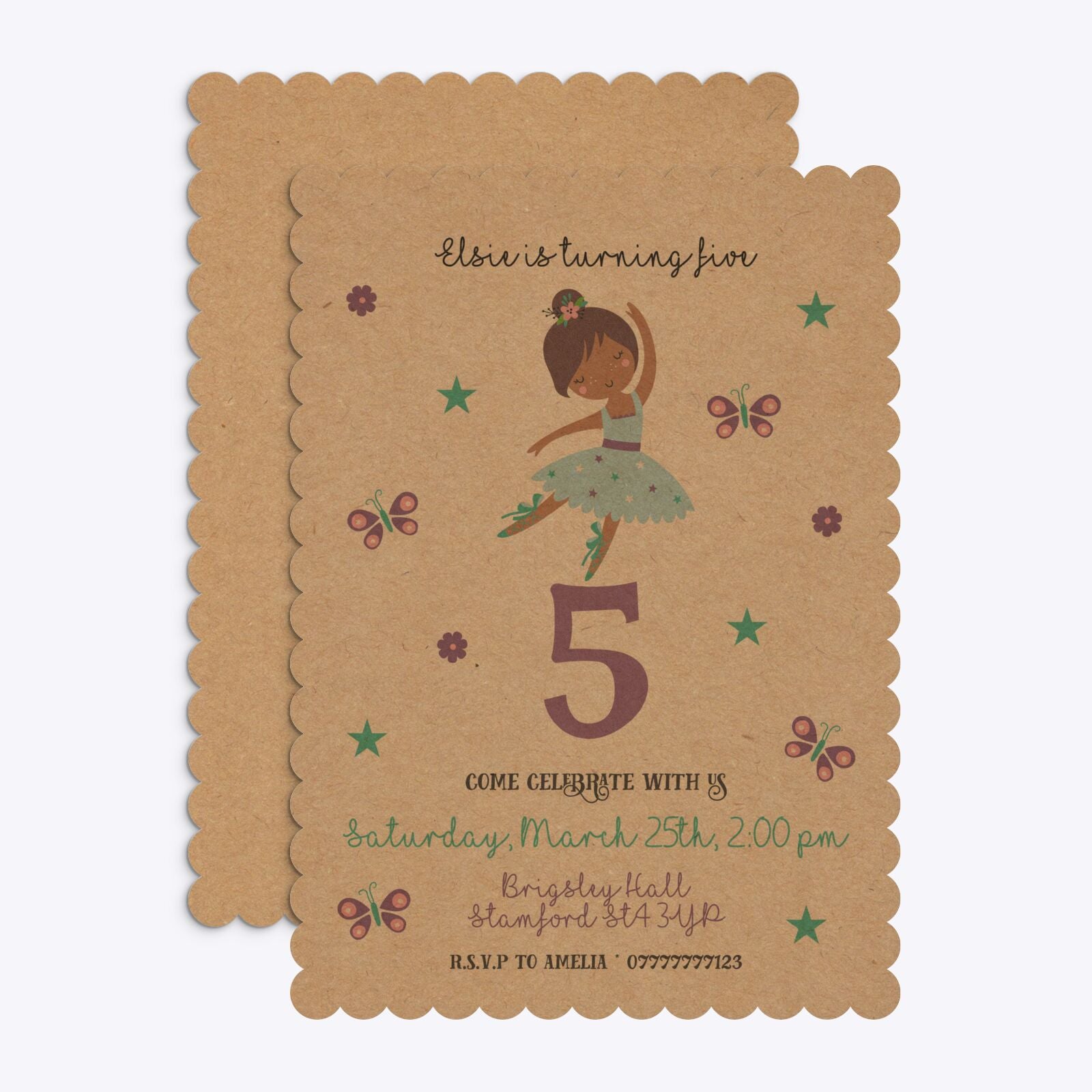 Ballerina Birthday Personalised Scalloped Invitation Kraft Front and Back Image