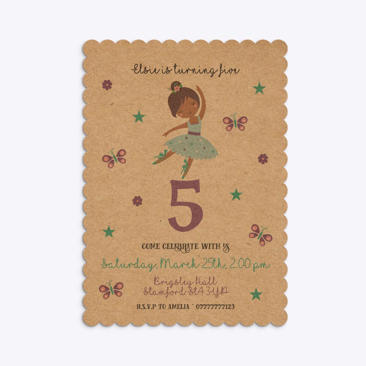 Ballerina Birthday Personalised Scalloped Invitation Kraft