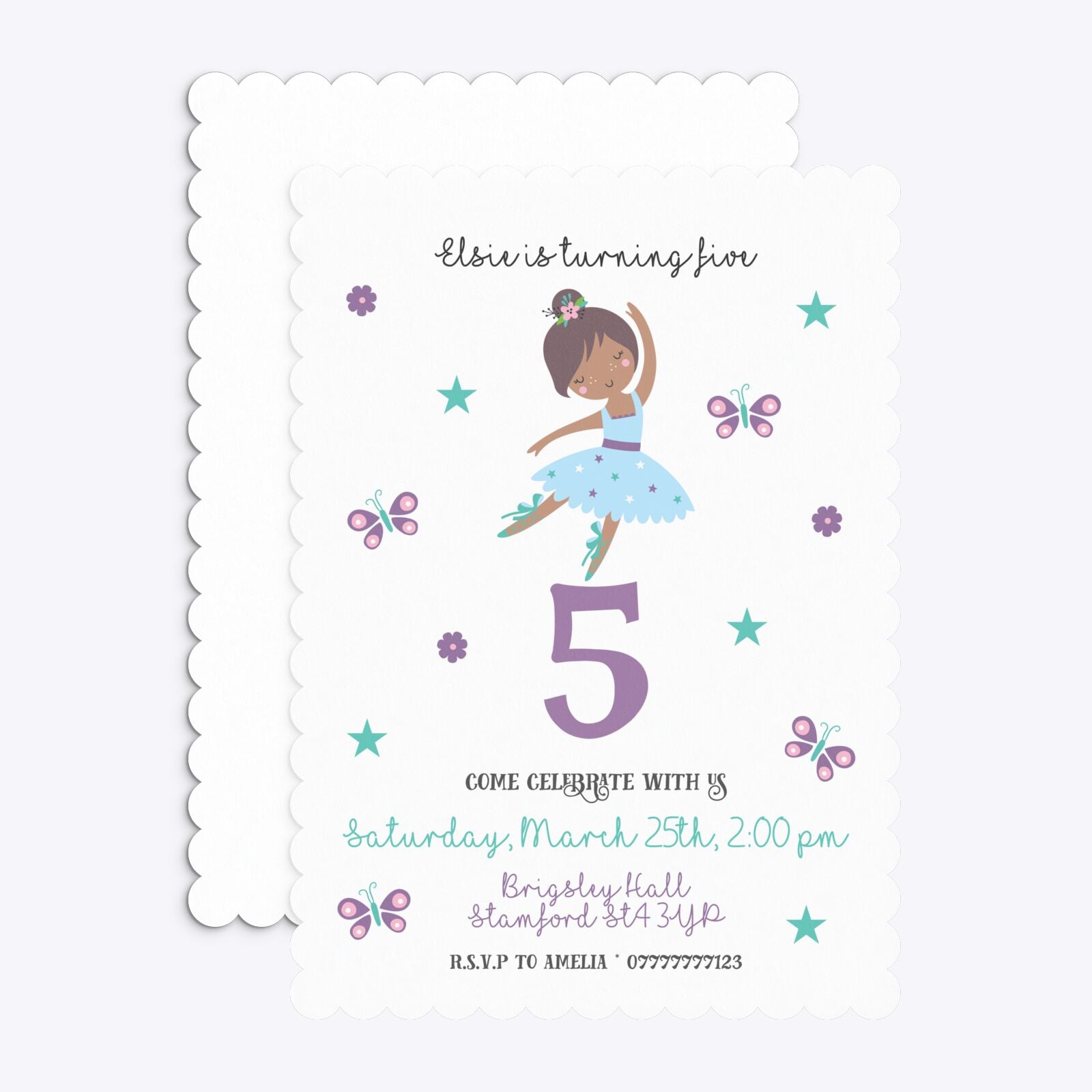 Ballerina Birthday Personalised Scalloped Invitation Matte Paper Front and Back Image