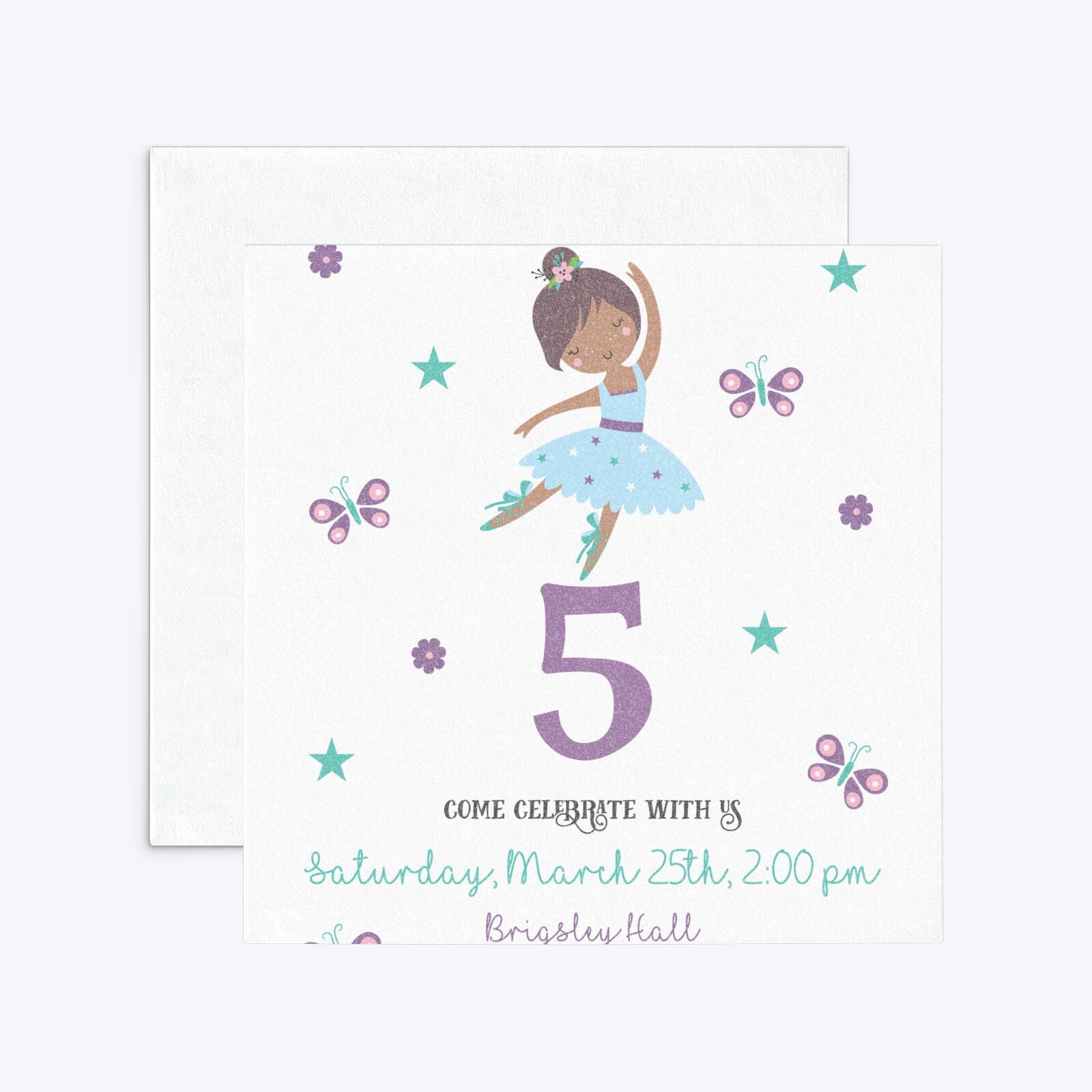 Ballerina Birthday Personalised Square 5 25x5 25 Invitation Glitter Front and Back Image