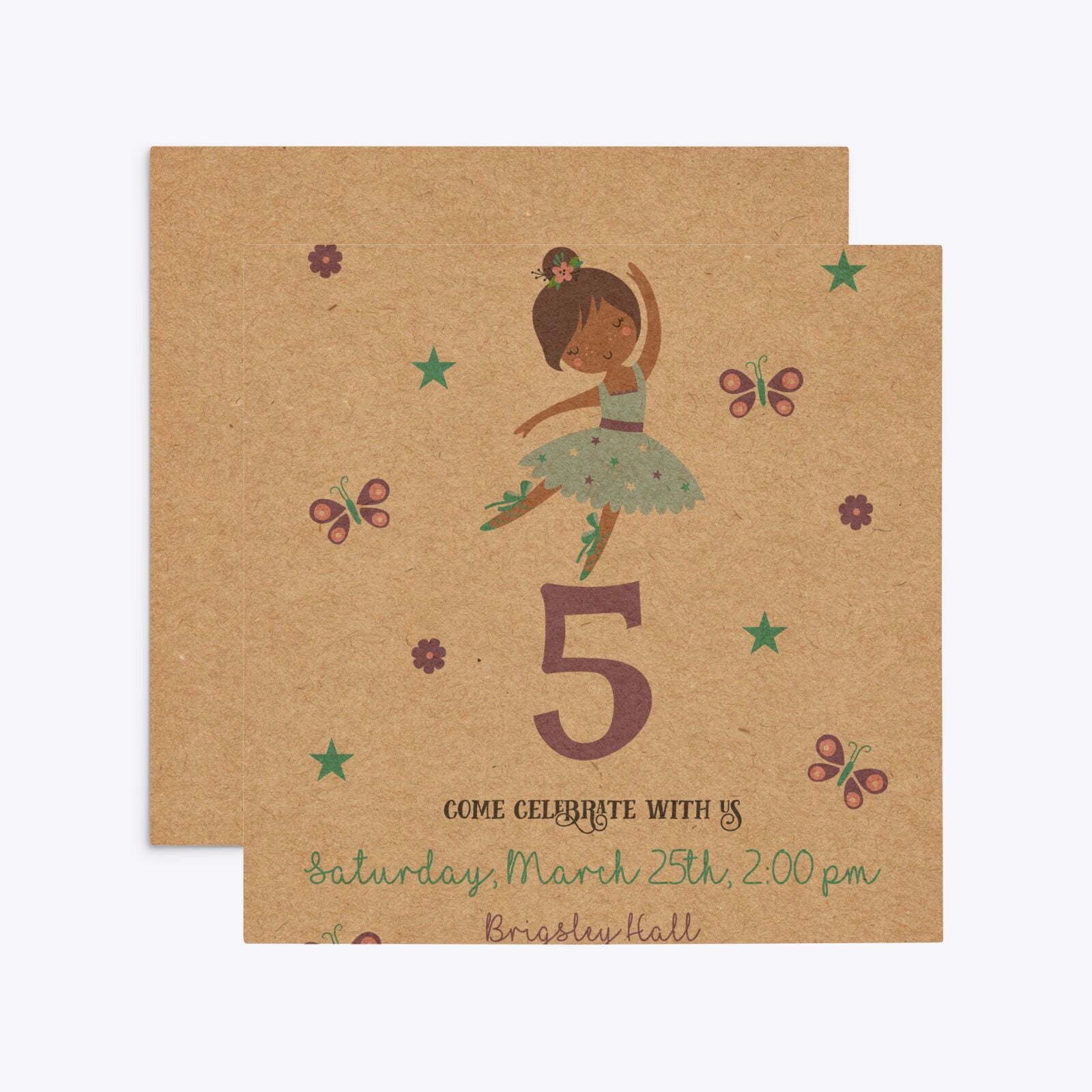 Ballerina Birthday Personalised Square 5 25x5 25 Invitation Kraft Front and Back Image