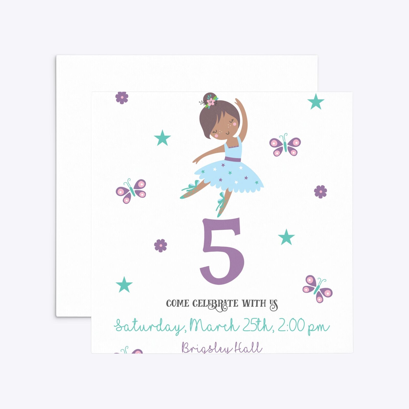 Ballerina Birthday Personalised Square 5 25x5 25 Invitation Matte Paper Front and Back Image