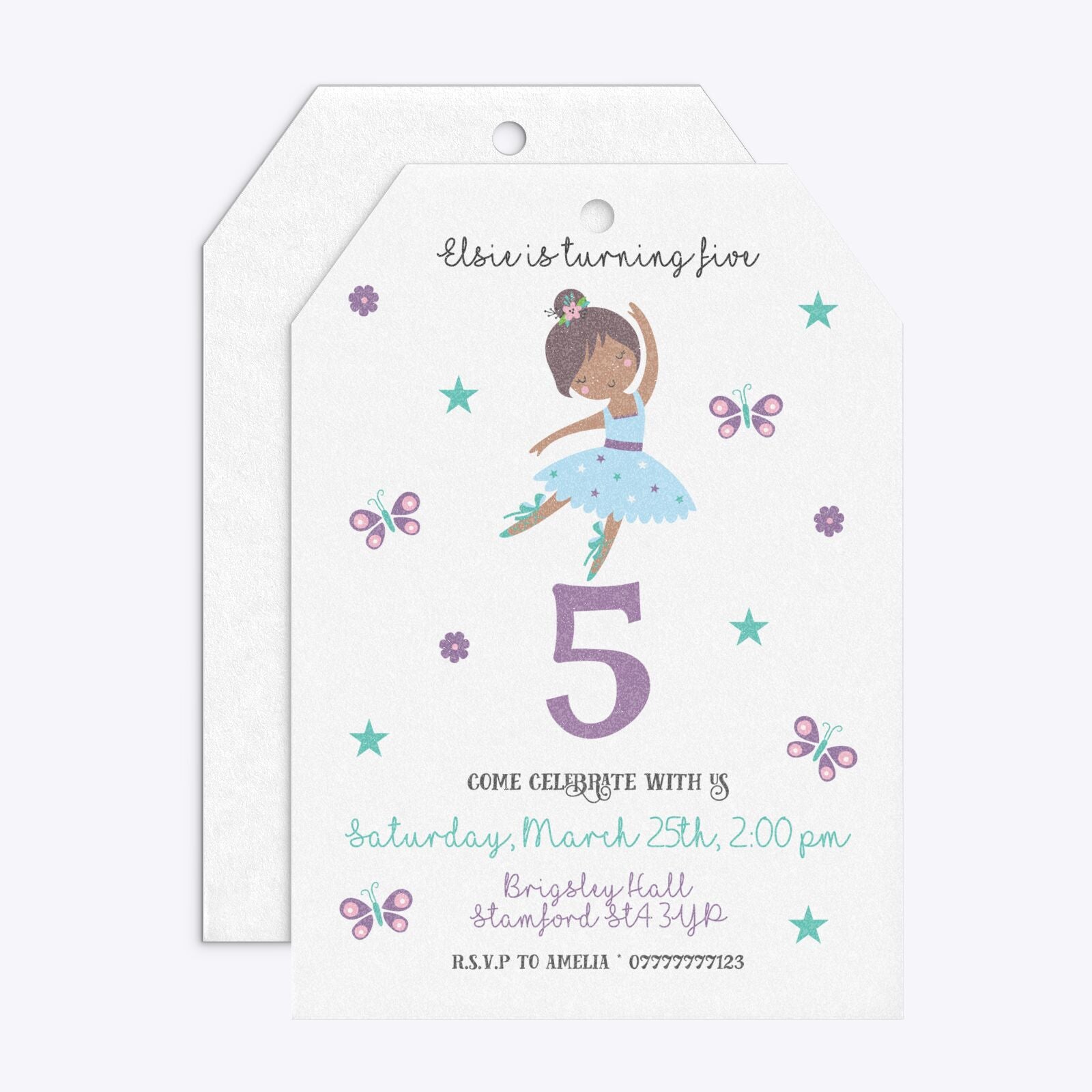 Ballerina Birthday Personalised Tag Invitation Glitter Front and Back Image