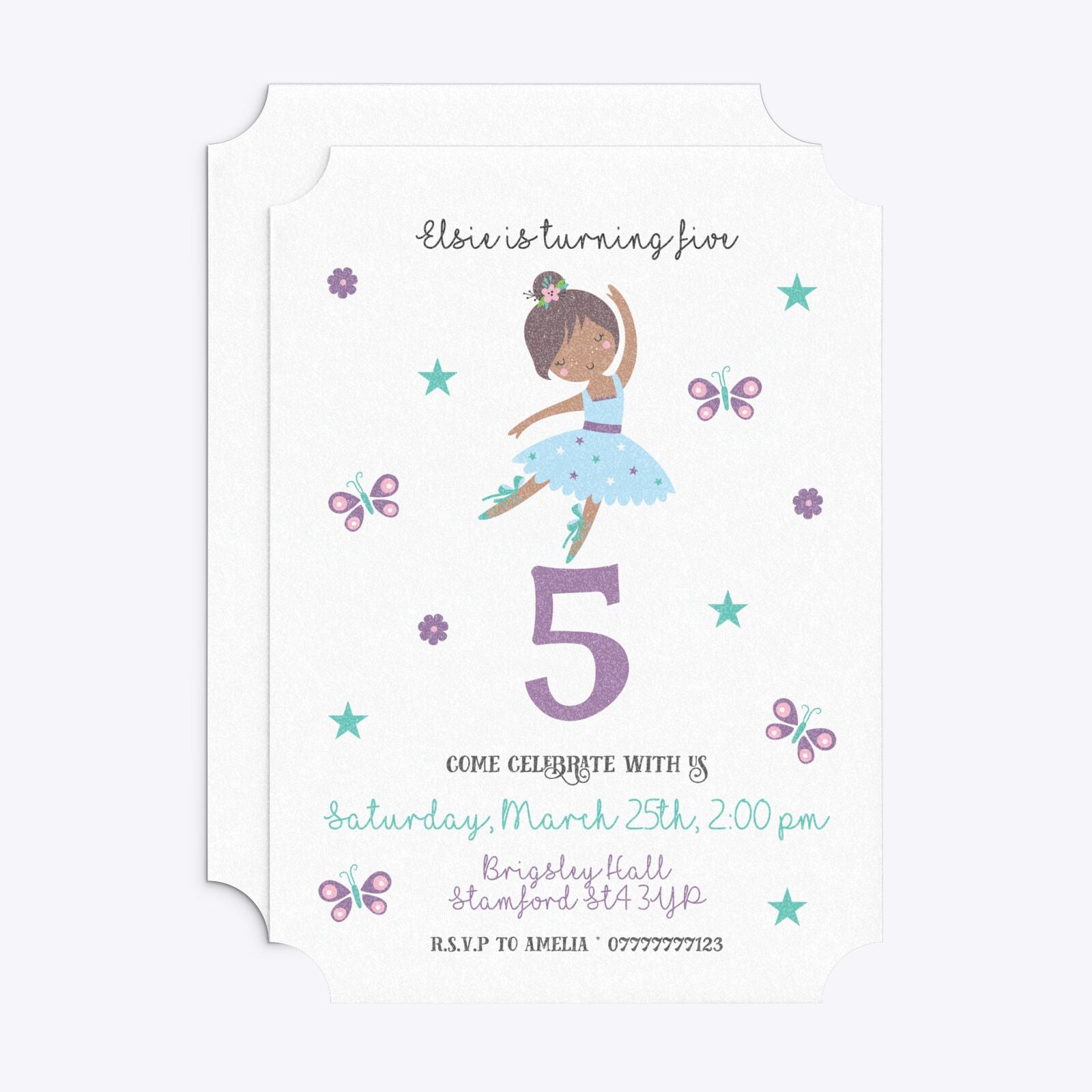 Ballerina Birthday Personalised Ticket Invitation Glitter Front and Back Image