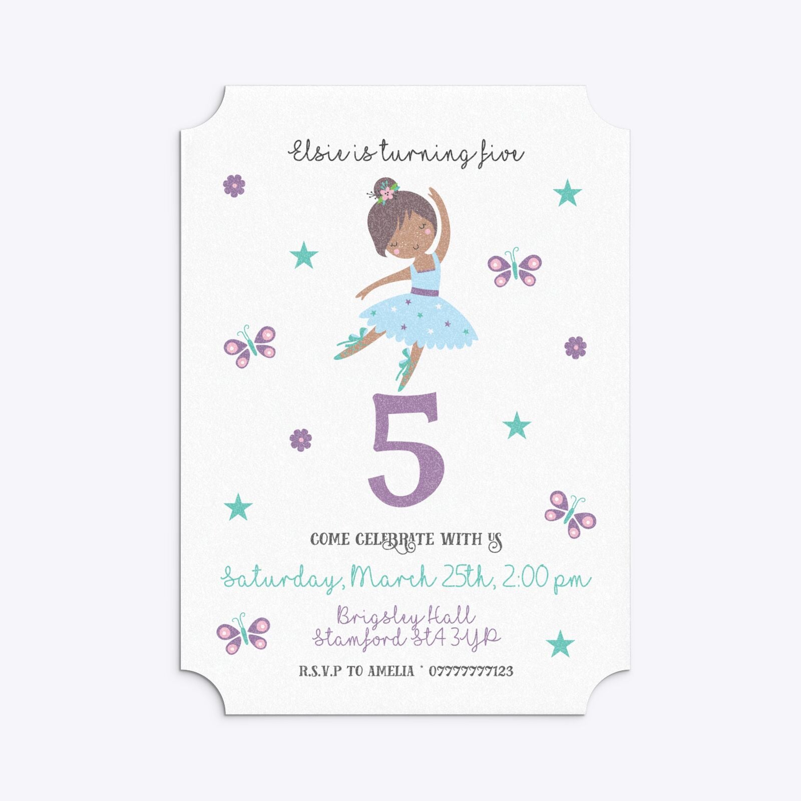 Ballerina Birthday Personalised Ticket Invitation Glitter