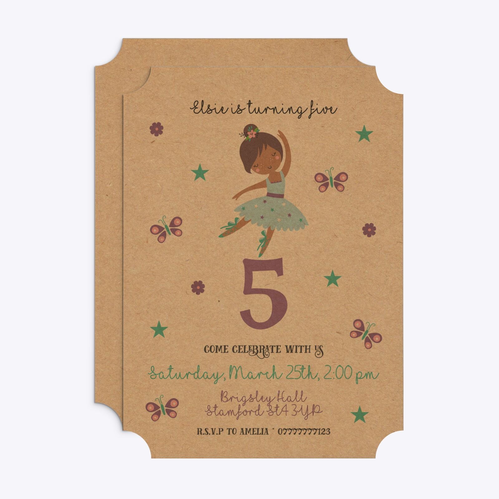 Ballerina Birthday Personalised Ticket Invitation Kraft Front and Back Image